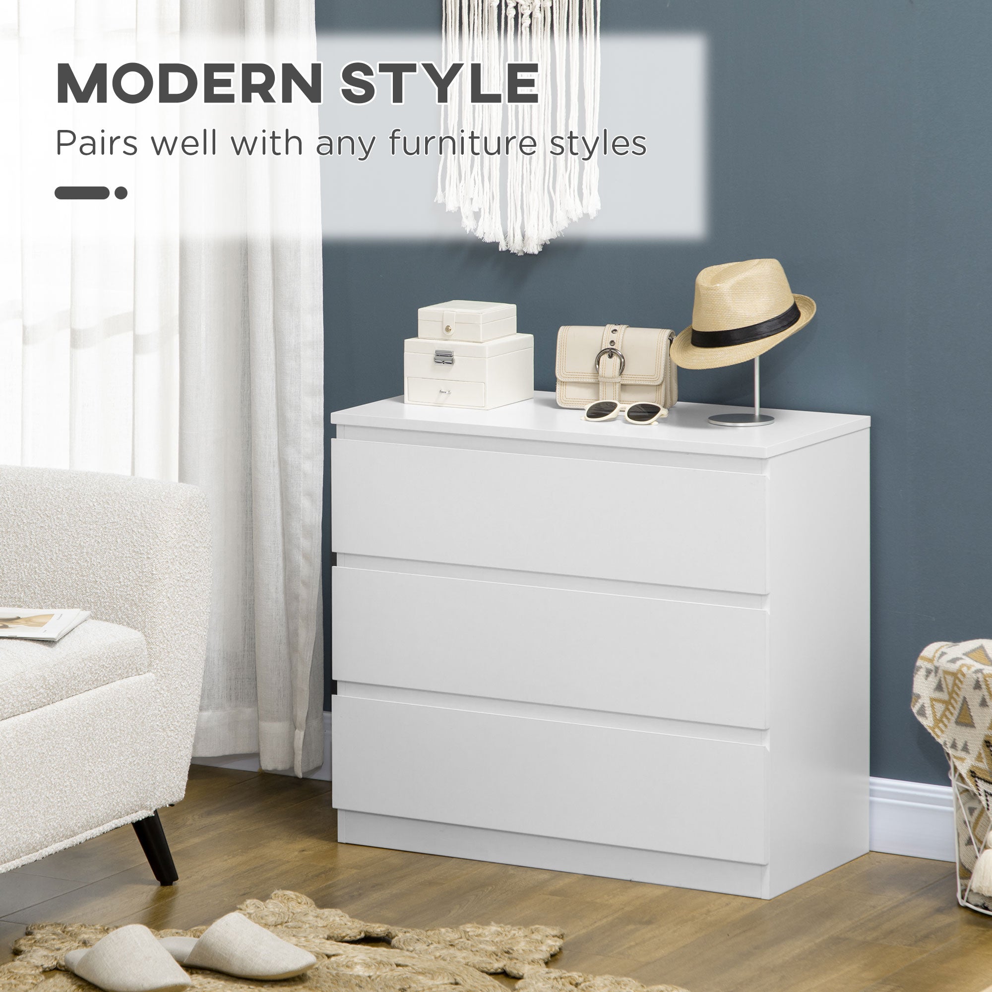 HOMCOM Chest of Drawers, 3-Drawer Storage Organiser Unit for Bedroom, Living Room, White - North Peak Garden Furniture