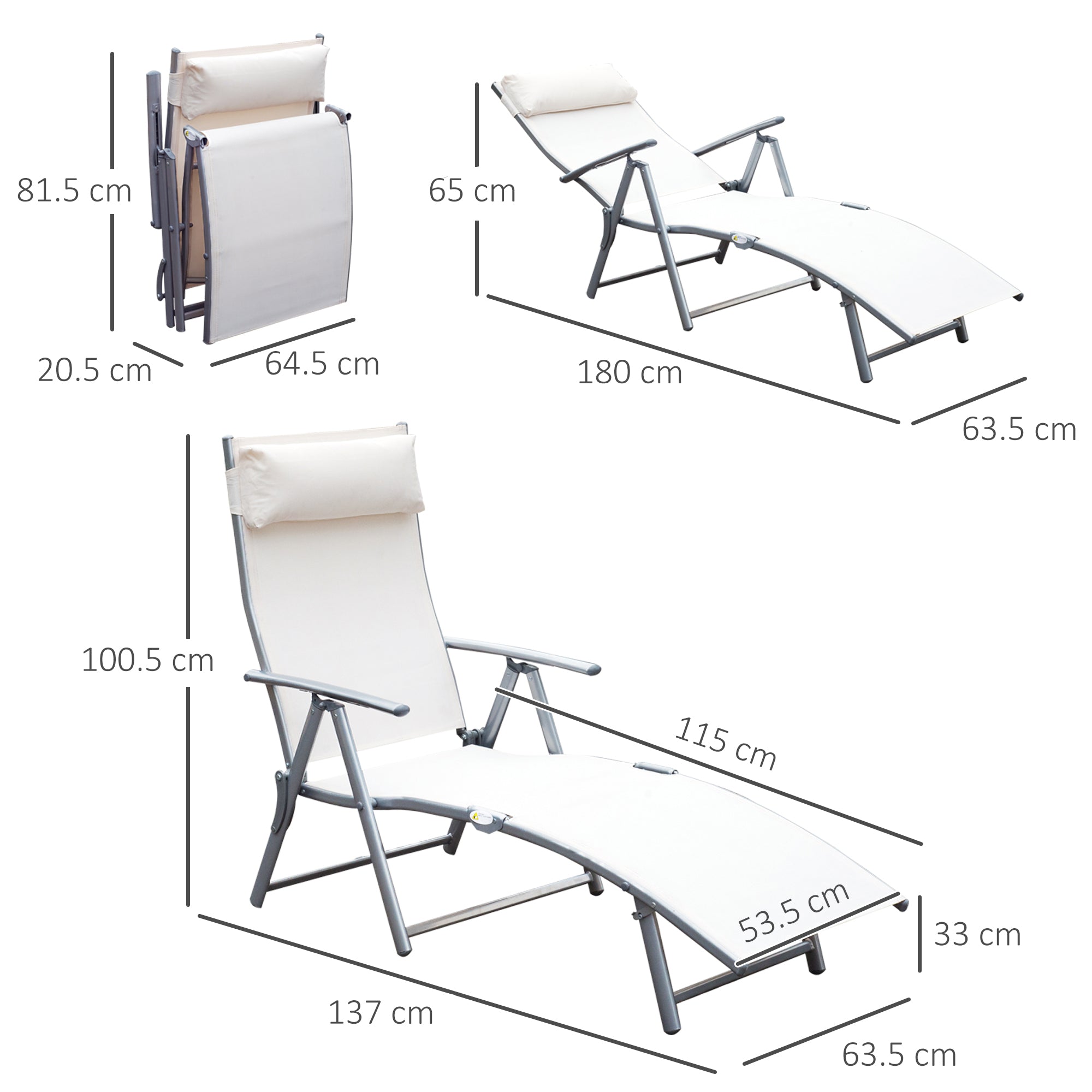 Outsunny Sun Lounger Steel Frame Outdoor Folding Chaise Texteline Lounge Chair Recliner with Headrest & 7 Levels Adjustable Backrest, Cream White