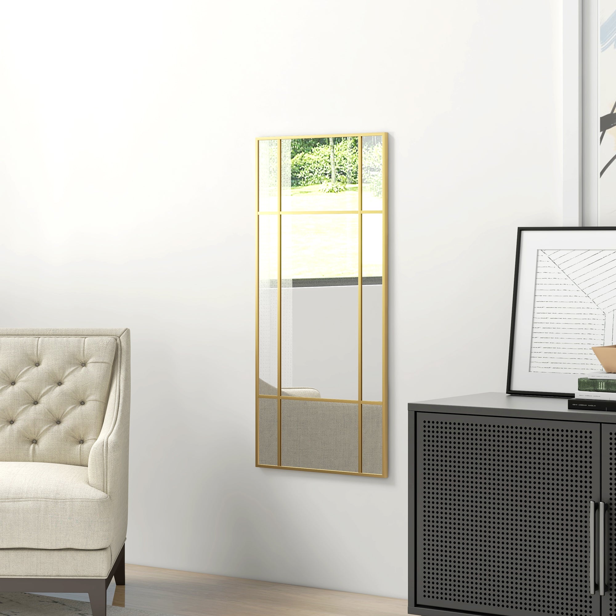 HOMCOM Decorative Grid Wall Mirror, with Back Hooks - Gold Tone - North Peak Garden Furniture