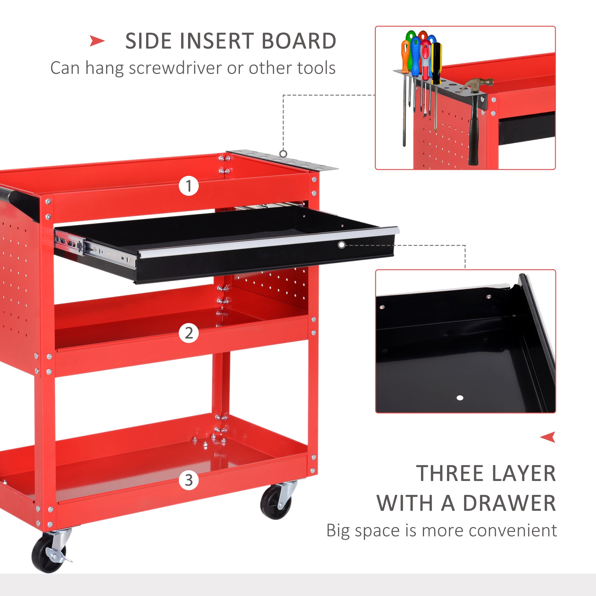DURHAND 3-Tier Tool Trolley Cart Storage Shelf Roller Cabinet DIY Box Garage Workshop with Drawer Red - North Peak Garden Furniture