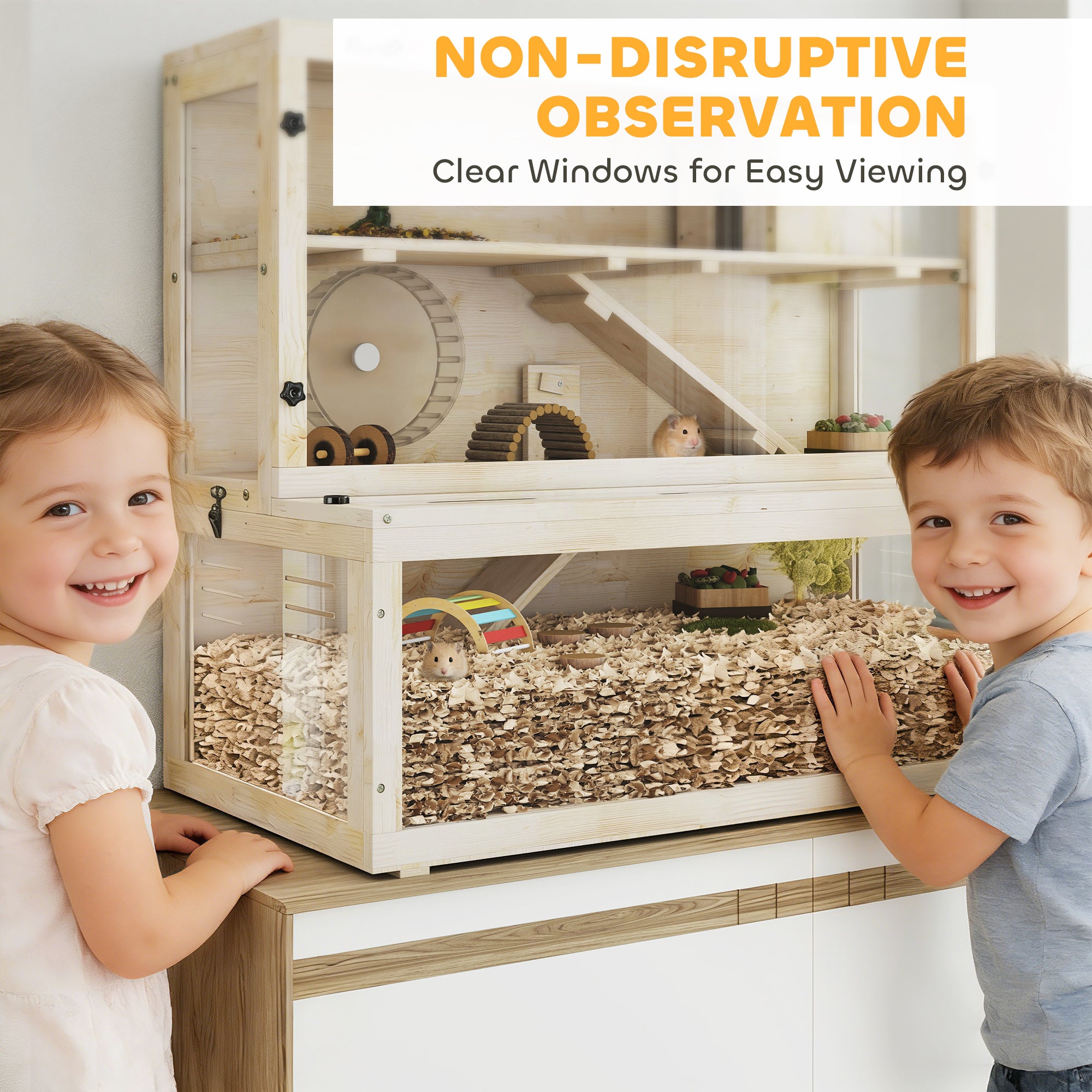 PawHut Wooden Hamster Cage with Hut, Wheel, Ramps, Removable Viewing Panels, 100 x 50 x 84 cm, Natural Wood