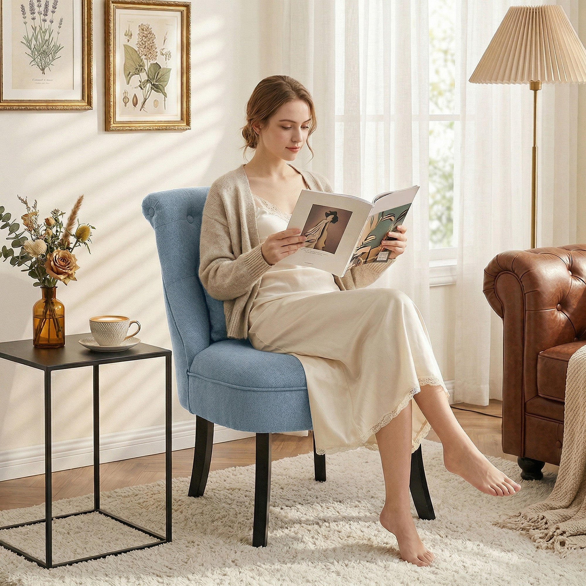 HOMCOM Fabric Single Sofa Dining Chair Tub Chair Upholstered W/ Pillow Solid Wood Leg Home Living Room Furniture Blue