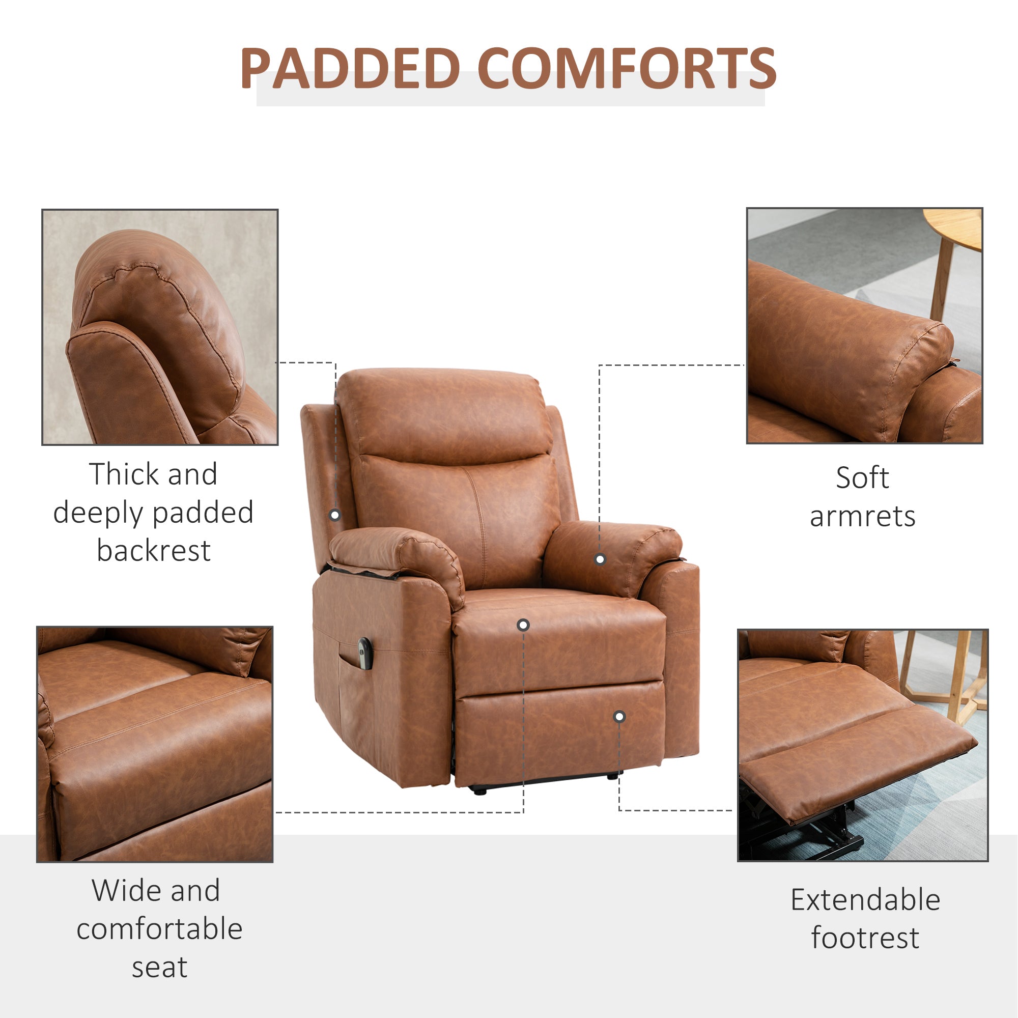 HOMCOM Faux Leather 70° Electric Riser Recliner Chair - Brown - North Peak Garden Furniture