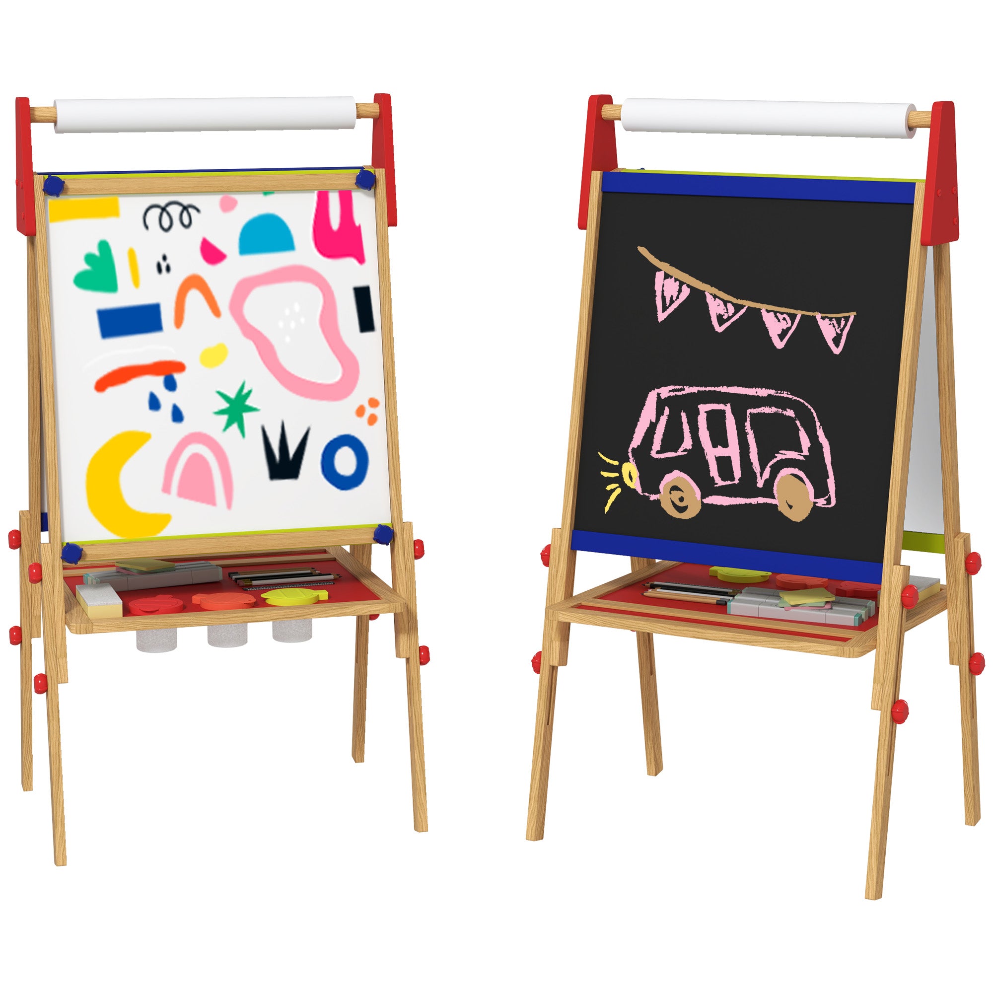 AIYAPLAY 3 in 1 Wooden Kids Easel with Paper Roll, Whiteboard & Chalkboard, Painting Accessories