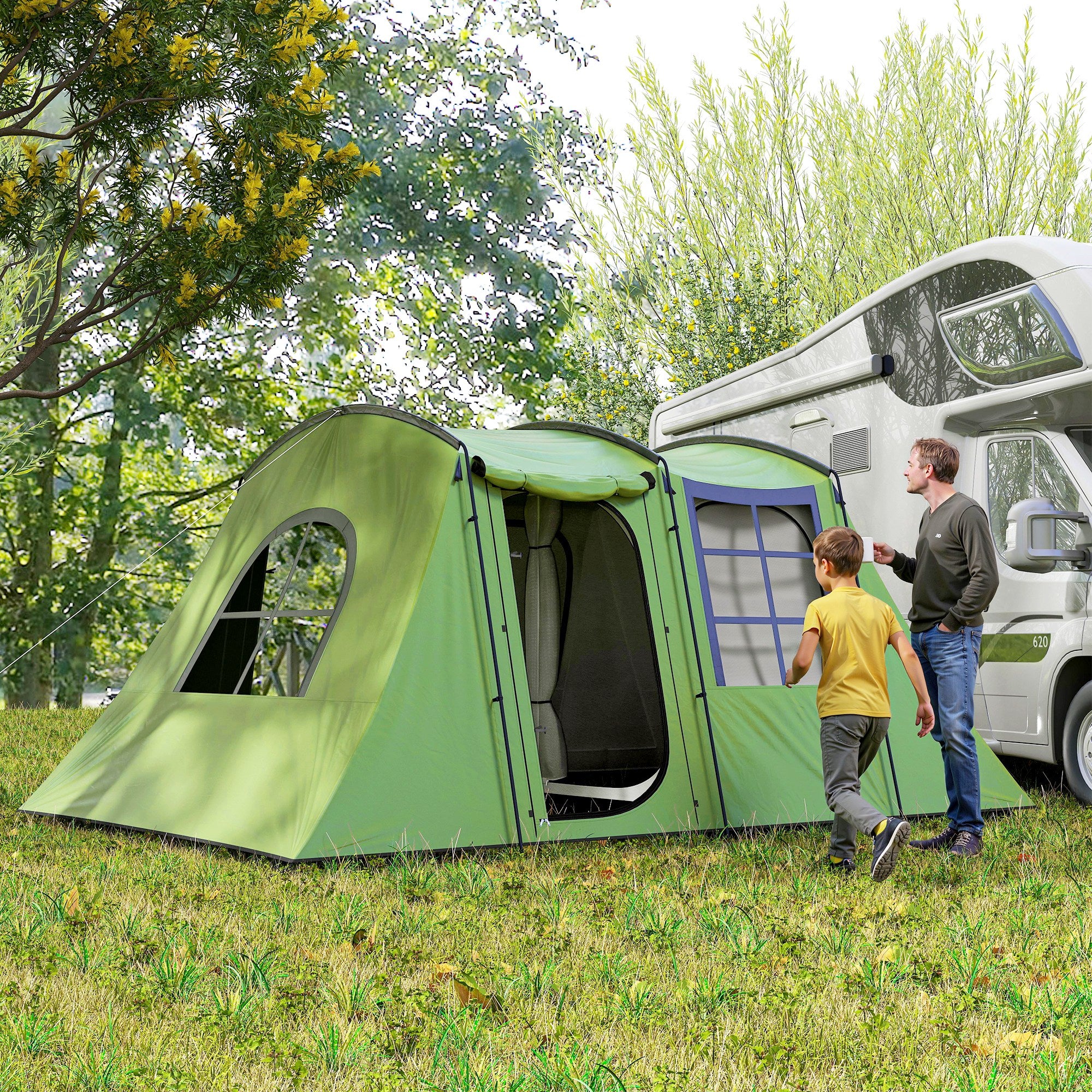 Outsunny 3-4 Man Tunnel Tent, Family Camping Tent with Porch, Bedroom and Living Area, Sewn in Groundsheet, 3000mm Waterproof, Portable with Bag for Hiking, Festival, Backpacking, Green - North Peak Garden Furniture
