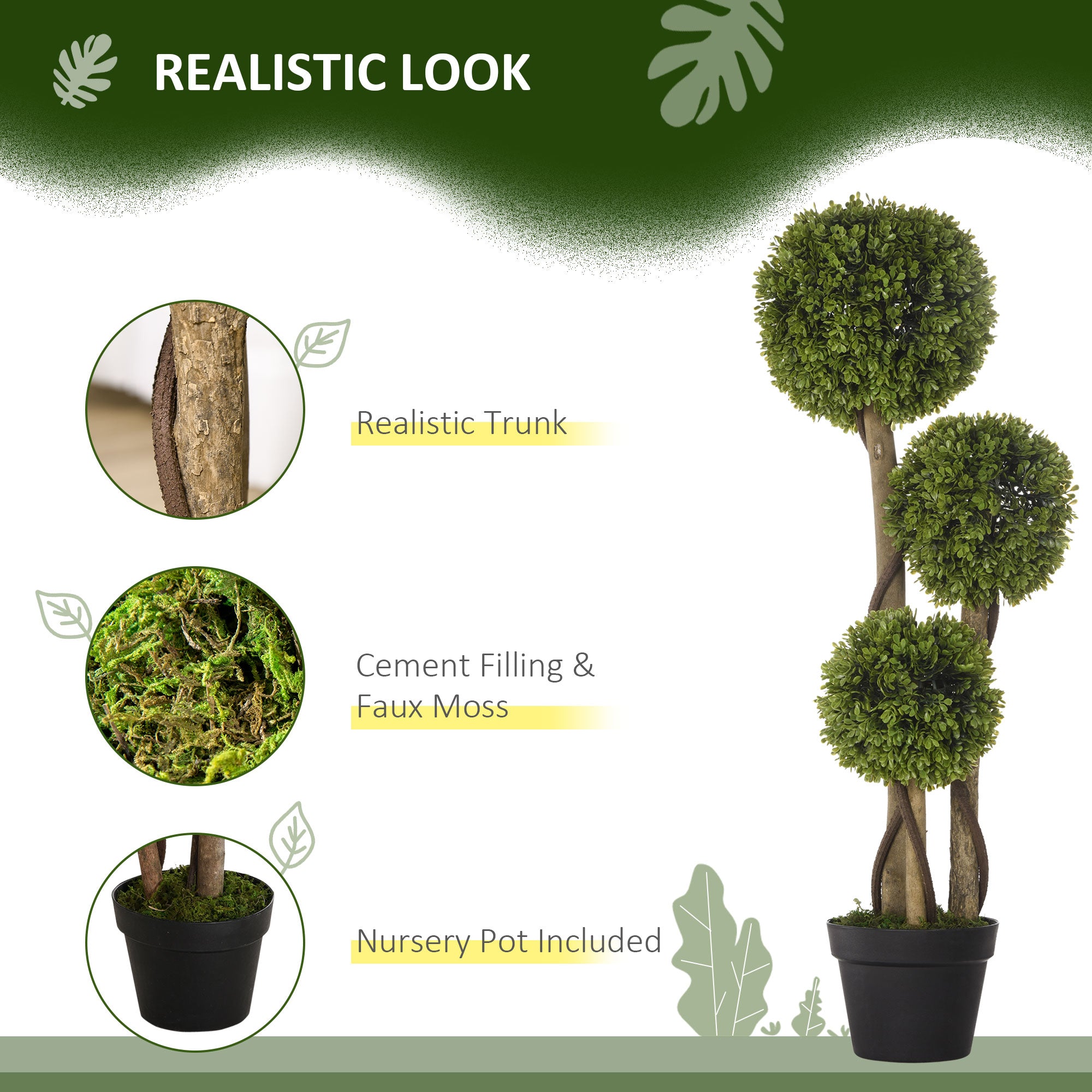 HOMCOM Set of 2 Decorative Artificial Plants, Boxwood Ball Topiary Trees in Pot Fake Plants for Home, Indoor&Outdoor Decor, 90 cm, Light Green