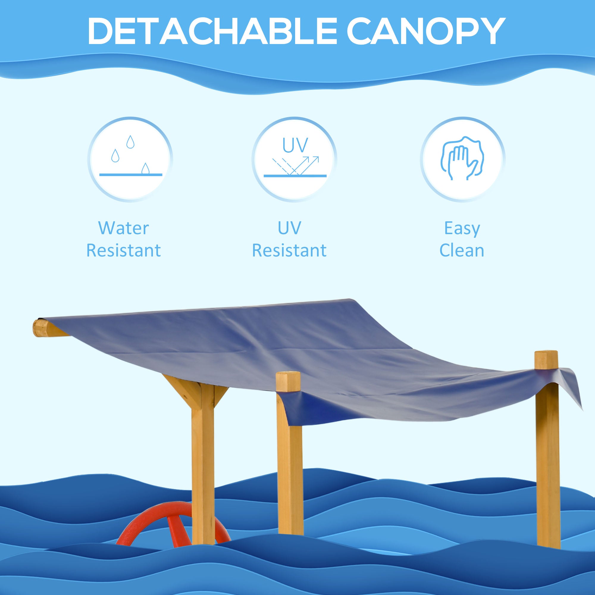 Outsunny Kids Wooden Sand Pit Children Sandbox Pirate Ship Sandboat Play Station for Outdoor w/ Canopy Shade Storage Bench Bottom Liner - North Peak Garden Furniture