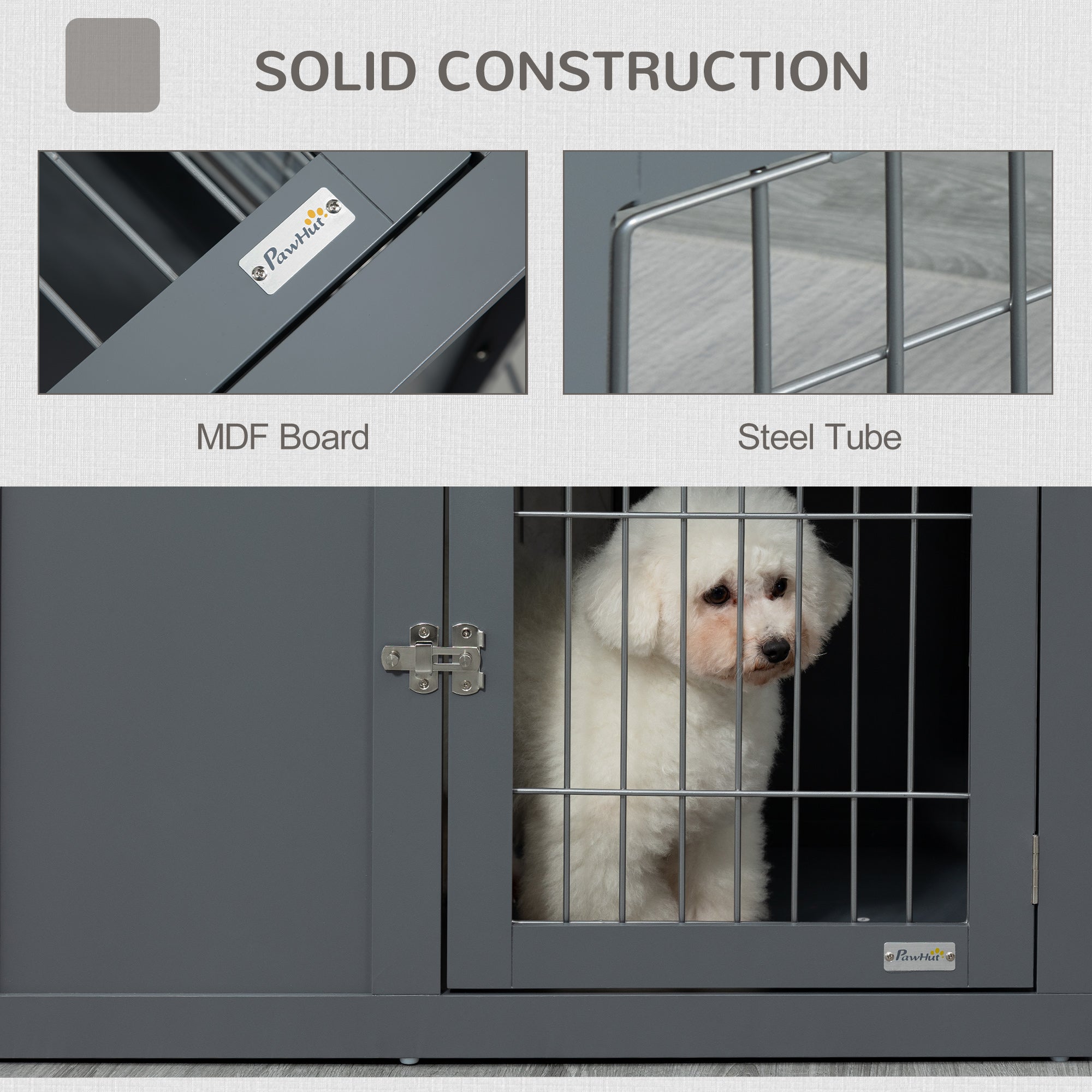 PawHut Furniture Style Dog Crate for Small and Medium Dogs, End Table Pet Cage with Two Lockable Doors - Grey - North Peak Garden Furniture