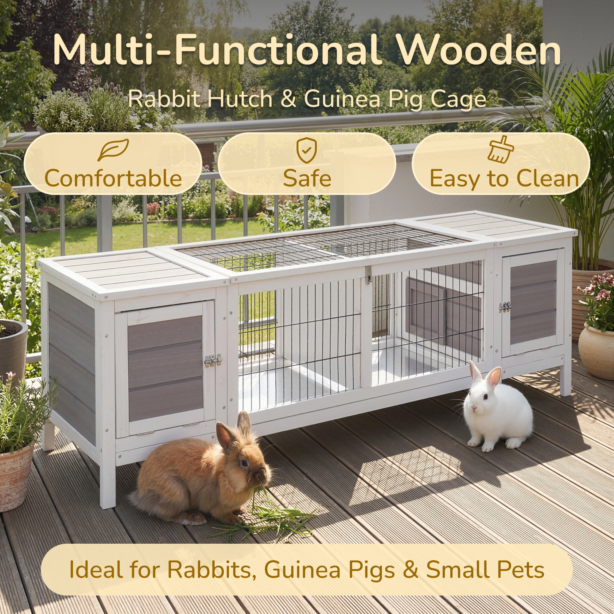PawHut Rabbit Hutch and Run, with Removable Tray - Grey