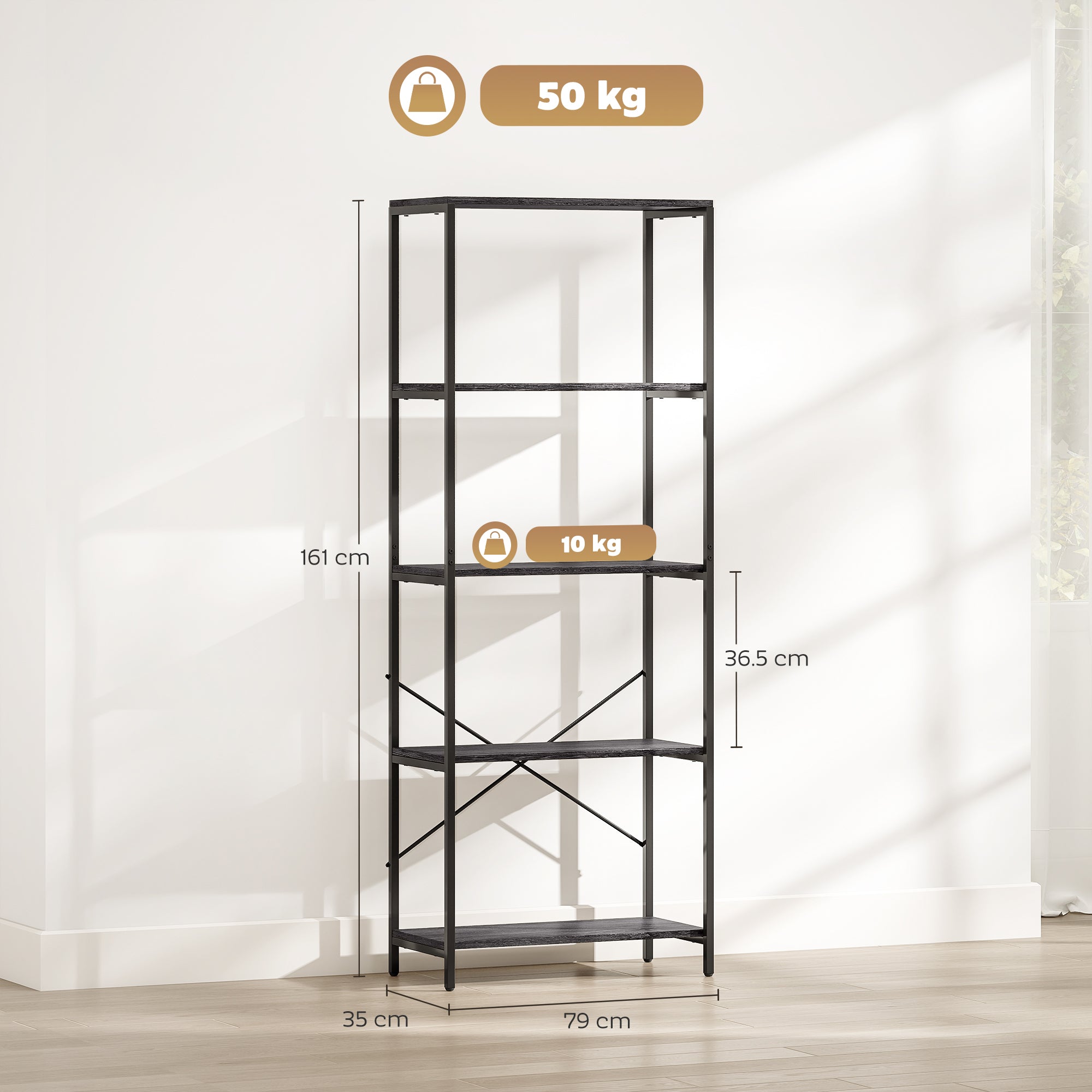 HOMCOM 5-Tier Bookshelf, Industrial Bookcase with Metal Frame - Dark Grey and Black