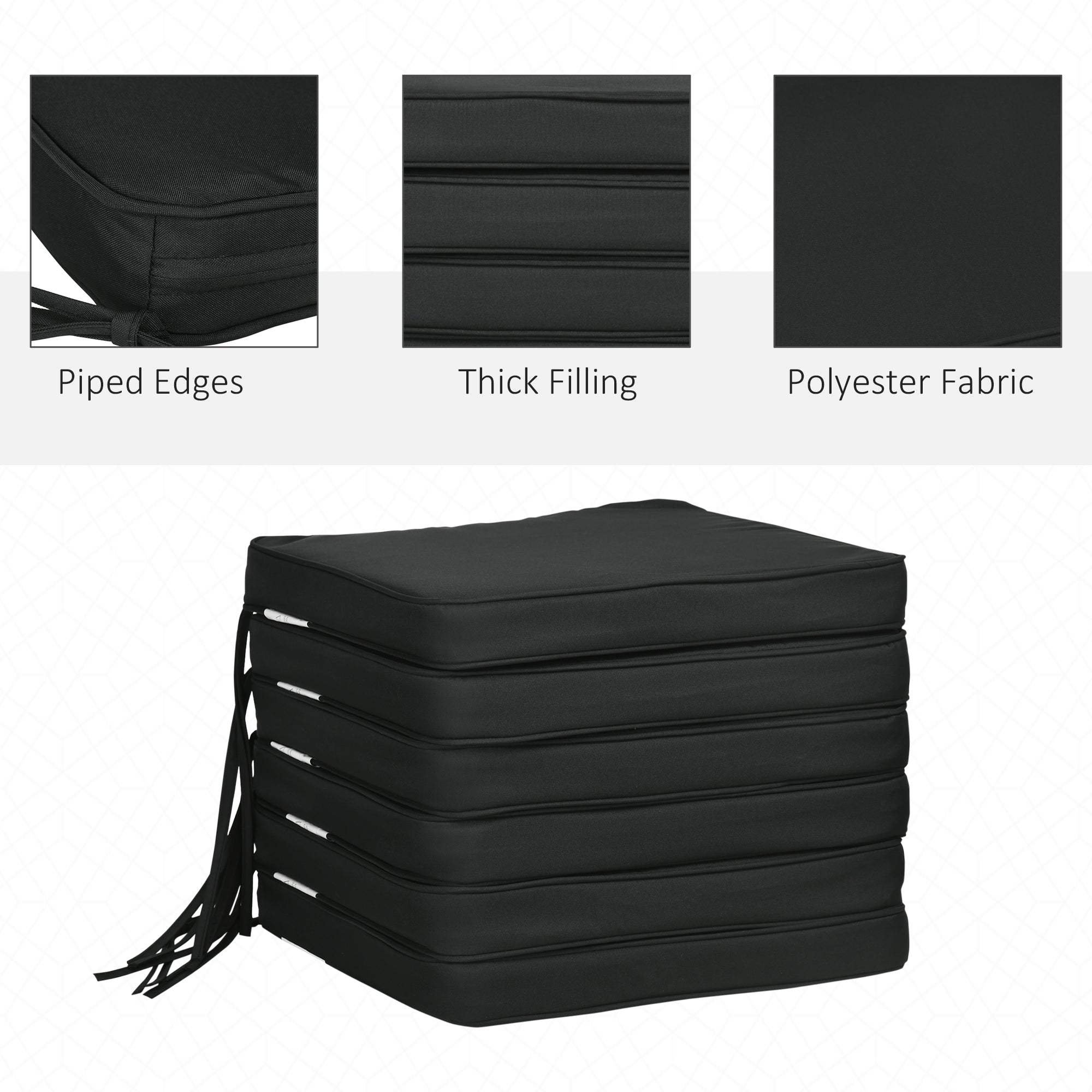 Outsunny Set of 6 Chair Cushion Seat Pads Dining Chair w/ Straps Indoor Outdoor Removable Tie On Garden Patio Black - North Peak Garden Furniture