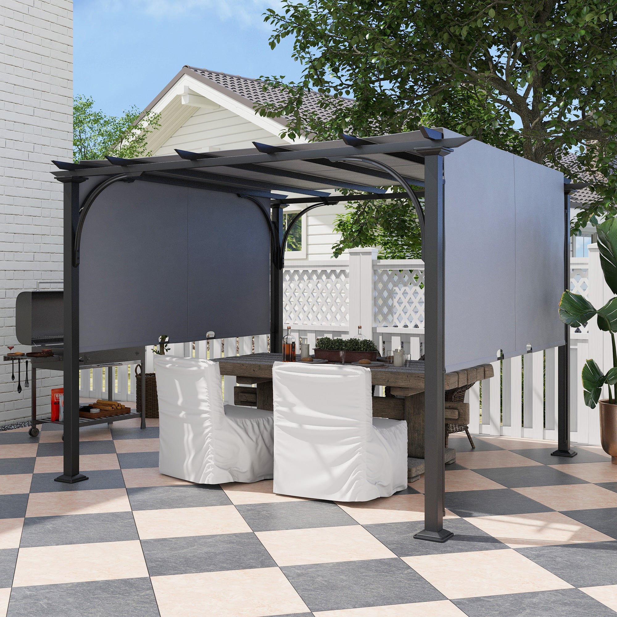Outsunny 3 x 3(m) Outdoor Pergola, Garden Pergola Gazebo with Adjustable Canopy, Grey - North Peak Garden Furniture