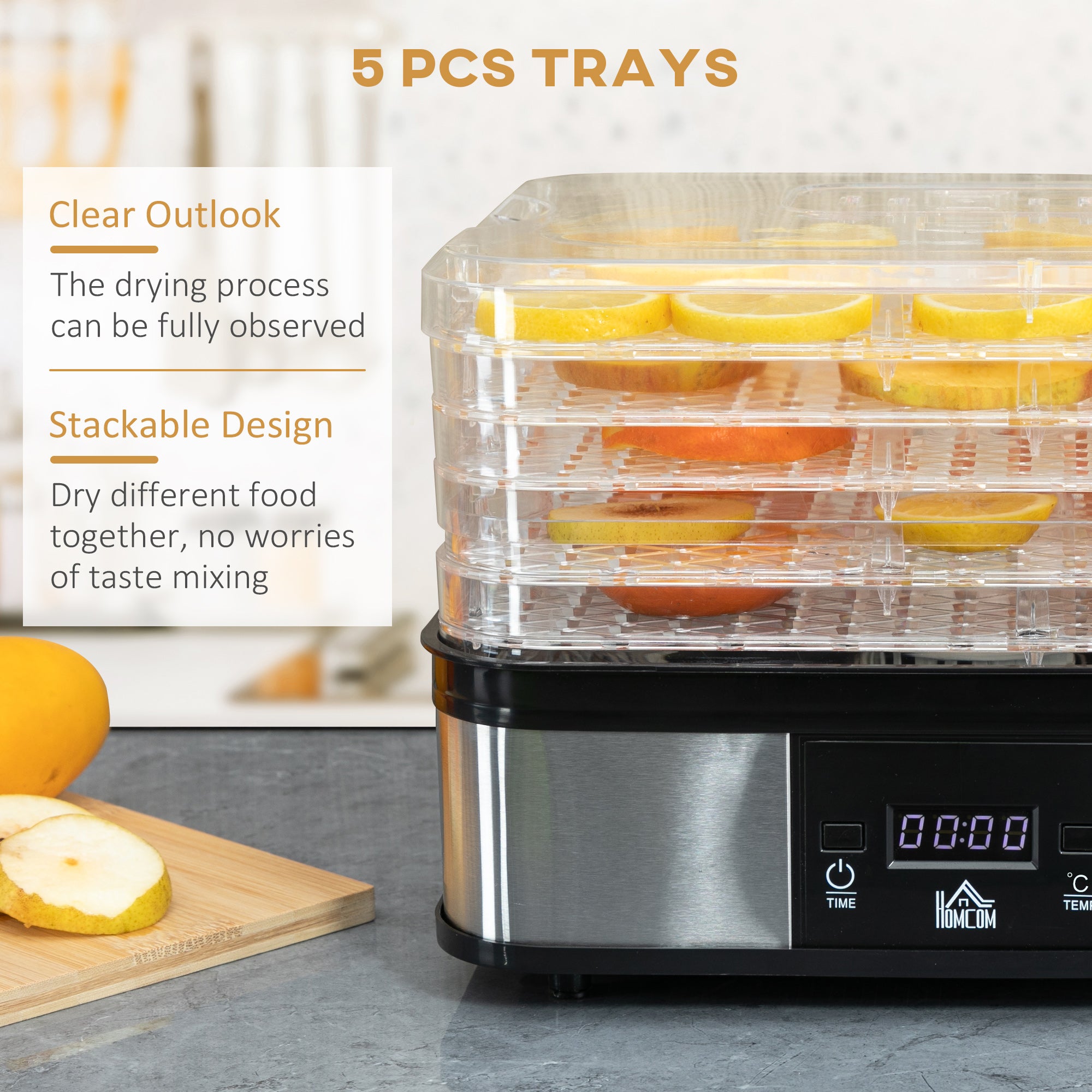 HOMCOM 5 Tier Food Dehydrator, 245W Stainless Steel Food Dryer Machine with Adjustable Temperature, Timer and LCD Display for Drying Fruit, Meat, Vegetable, Jerky and Pet Treat, Black - North Peak Garden Furniture