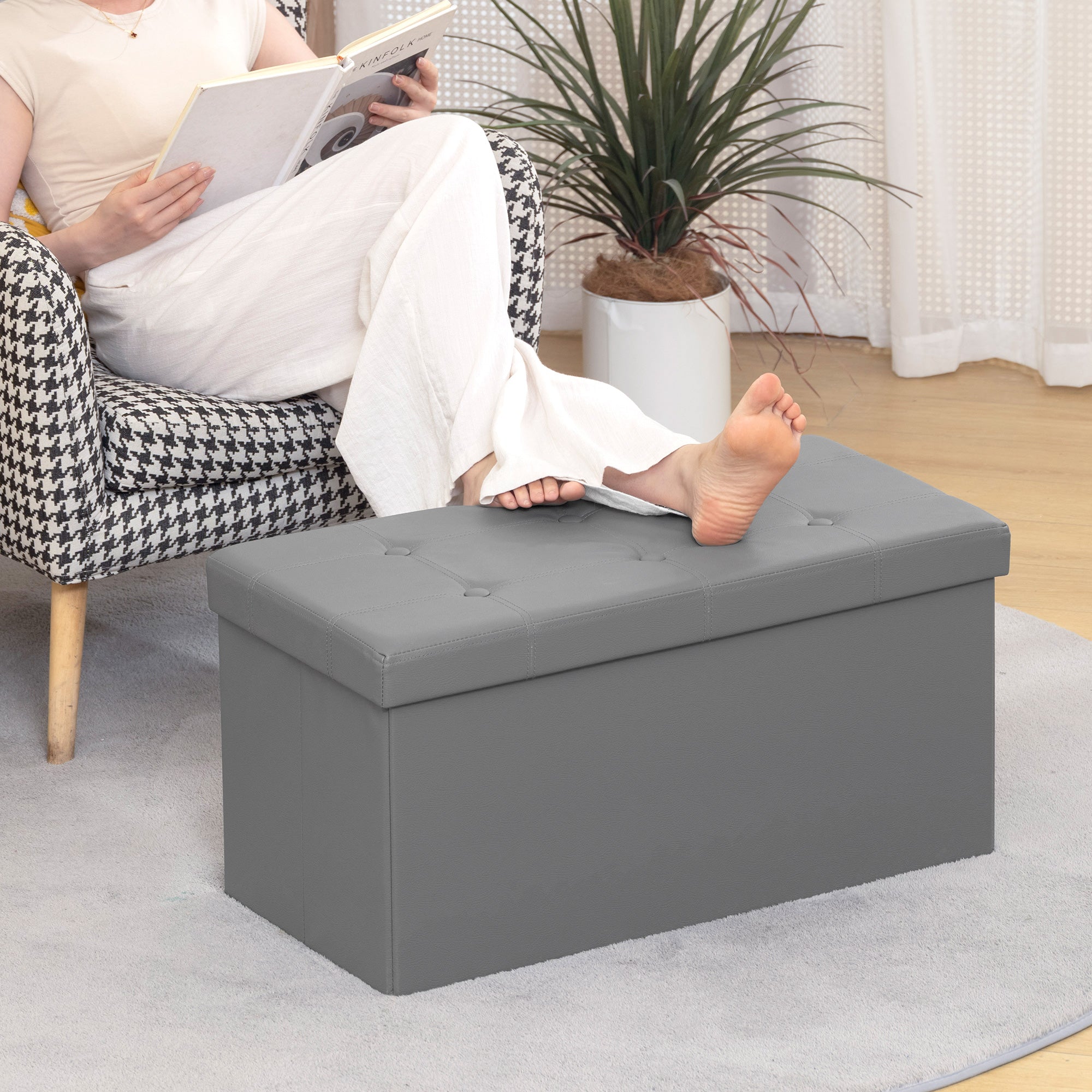 HOMCOM Storage Ottoman Bench, 89L PU Leather Folding Foot Rest Stool, End of Bed Bench, Easy Assembly, for Living Room, Bedroom, Entryway, Grey