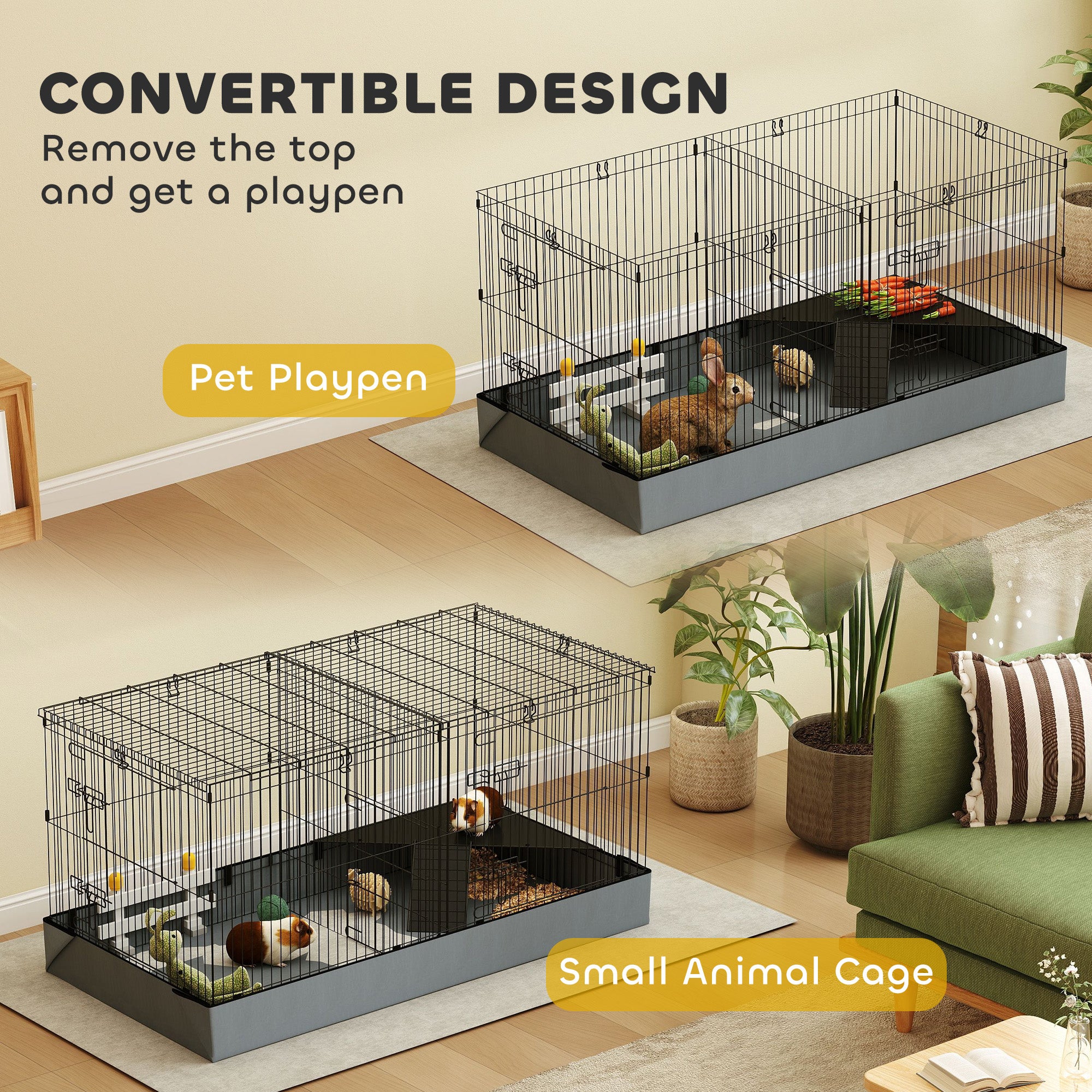 PawHut 2 in 1 Guinea Pig Cage, Rabbit Cage Pet Playpen with 2 Separate Area, Waterproof Oxford Fabric Floor for Hedgehogs - North Peak Garden Furniture