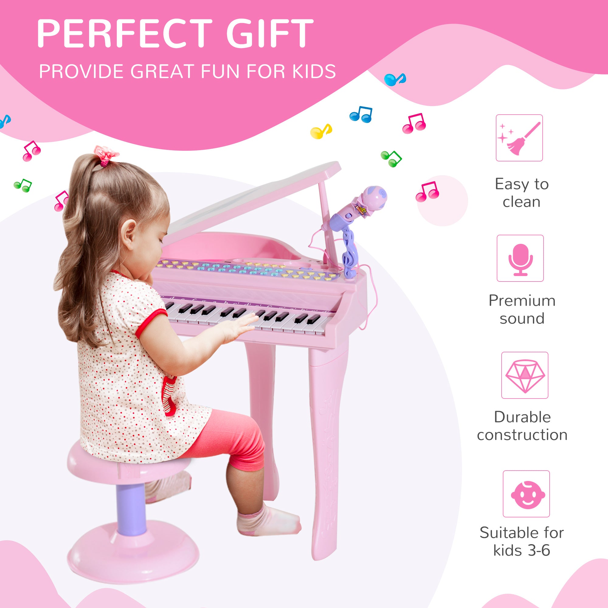 HOMCOM 37 Keys Kids Mini Electronic Keyboard Children Grand Piano with Stool Microphone Light Musical Instrument Educational Game Toy Set (Pink) - North Peak Garden Furniture