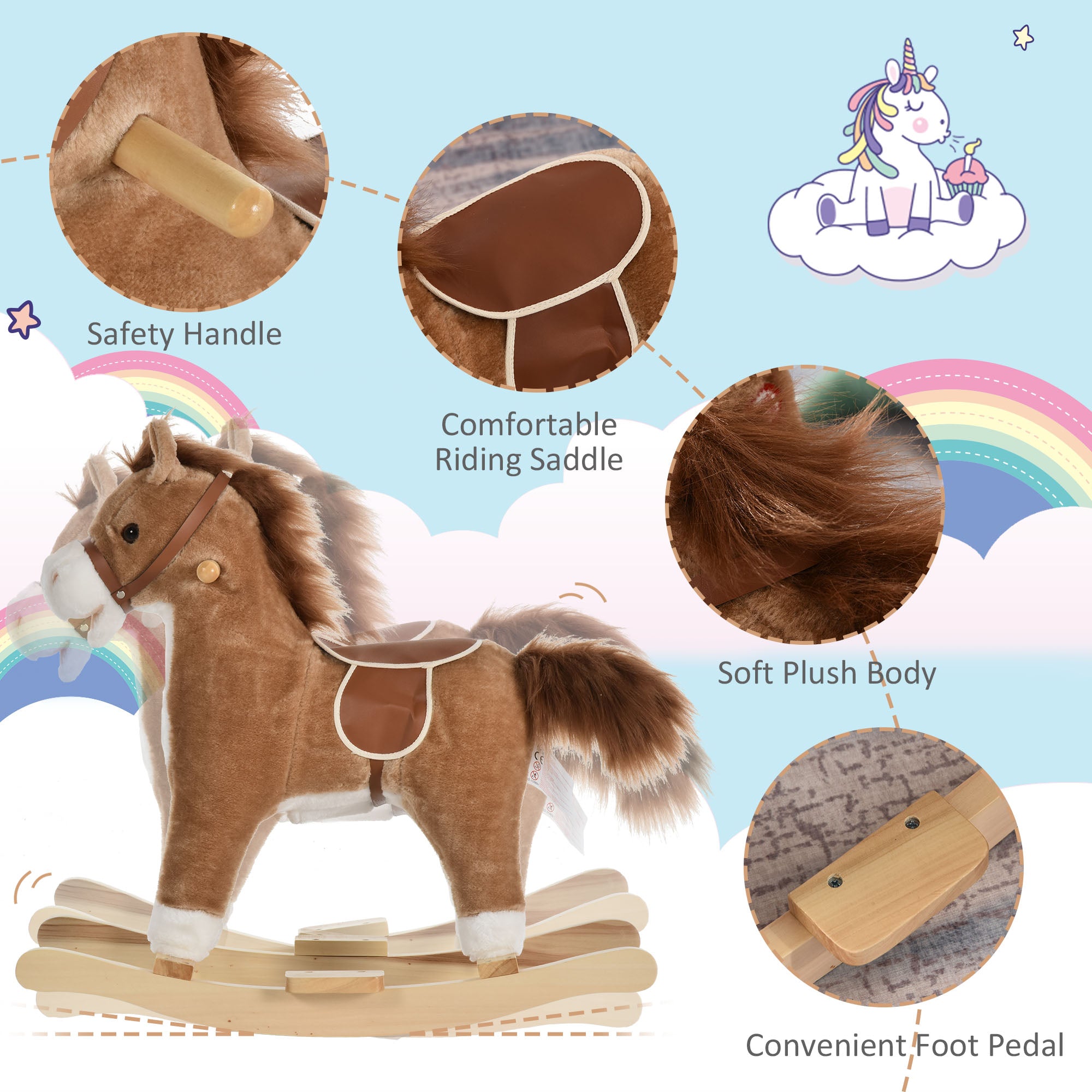 HOMCOM Kids Plush Rocking Horse w/ Sound Moving Mouth Wagging Tail Children Rocker Ride On Toy Gift 3-6 Years Brown - North Peak Garden Furniture