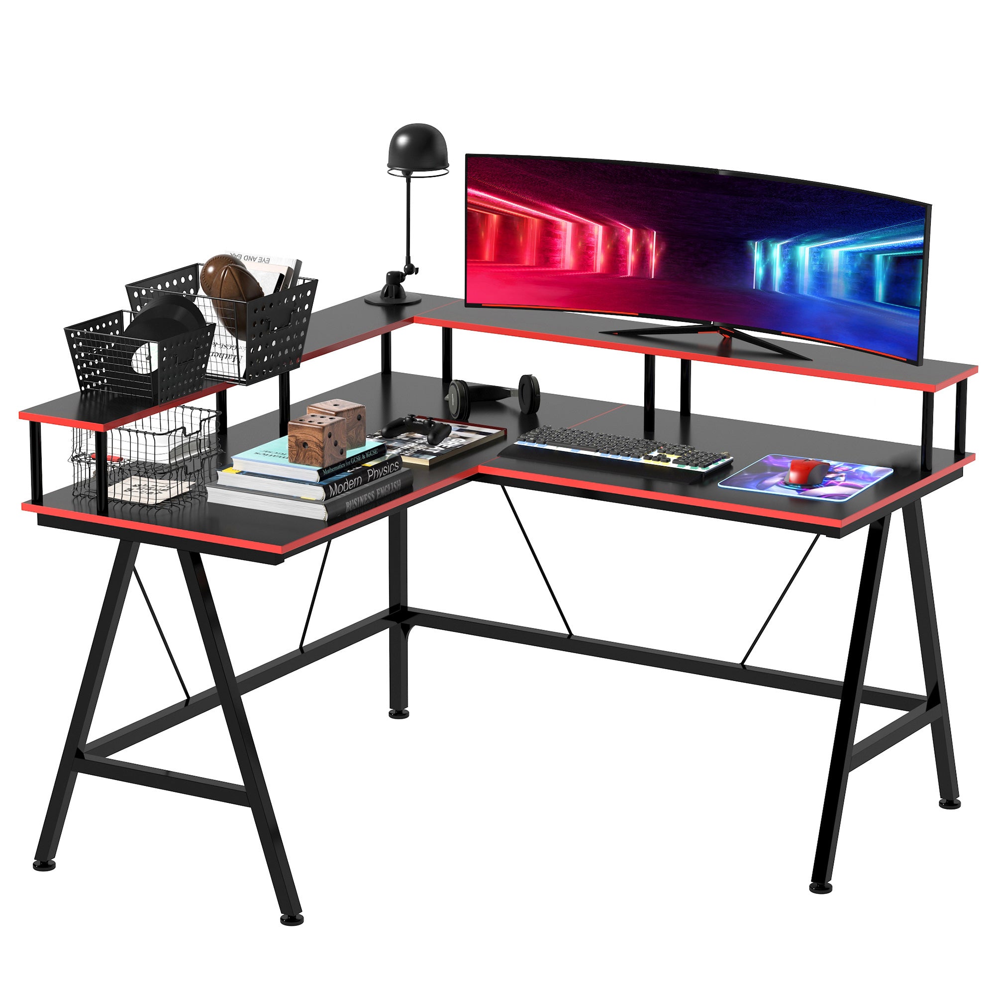 HOMCOM L Shaped Gaming Desk, Corner Computer Desk with Monitor Stand for Home Office, 140 x 130 x 93cm, Black and Red - North Peak Garden Furniture