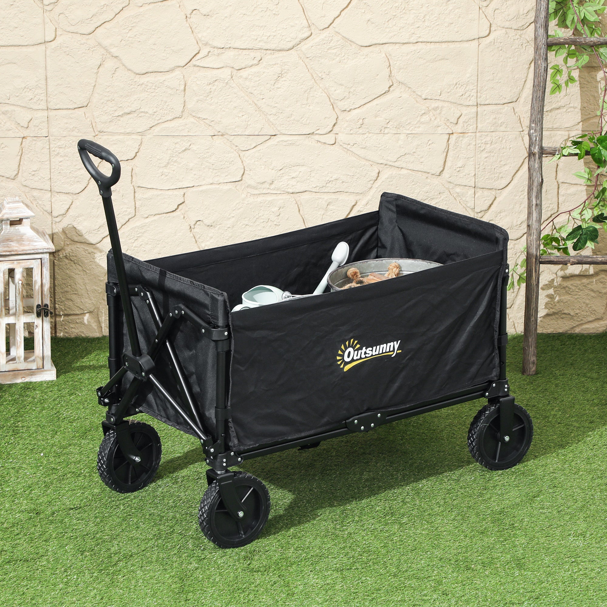Outsunny 120L Folding Garden Trolley Cart, Outdoor Collapsible Wagon with Wheels and Adjustable Handle for Beach, Camping, Festival, Black - North Peak Garden Furniture