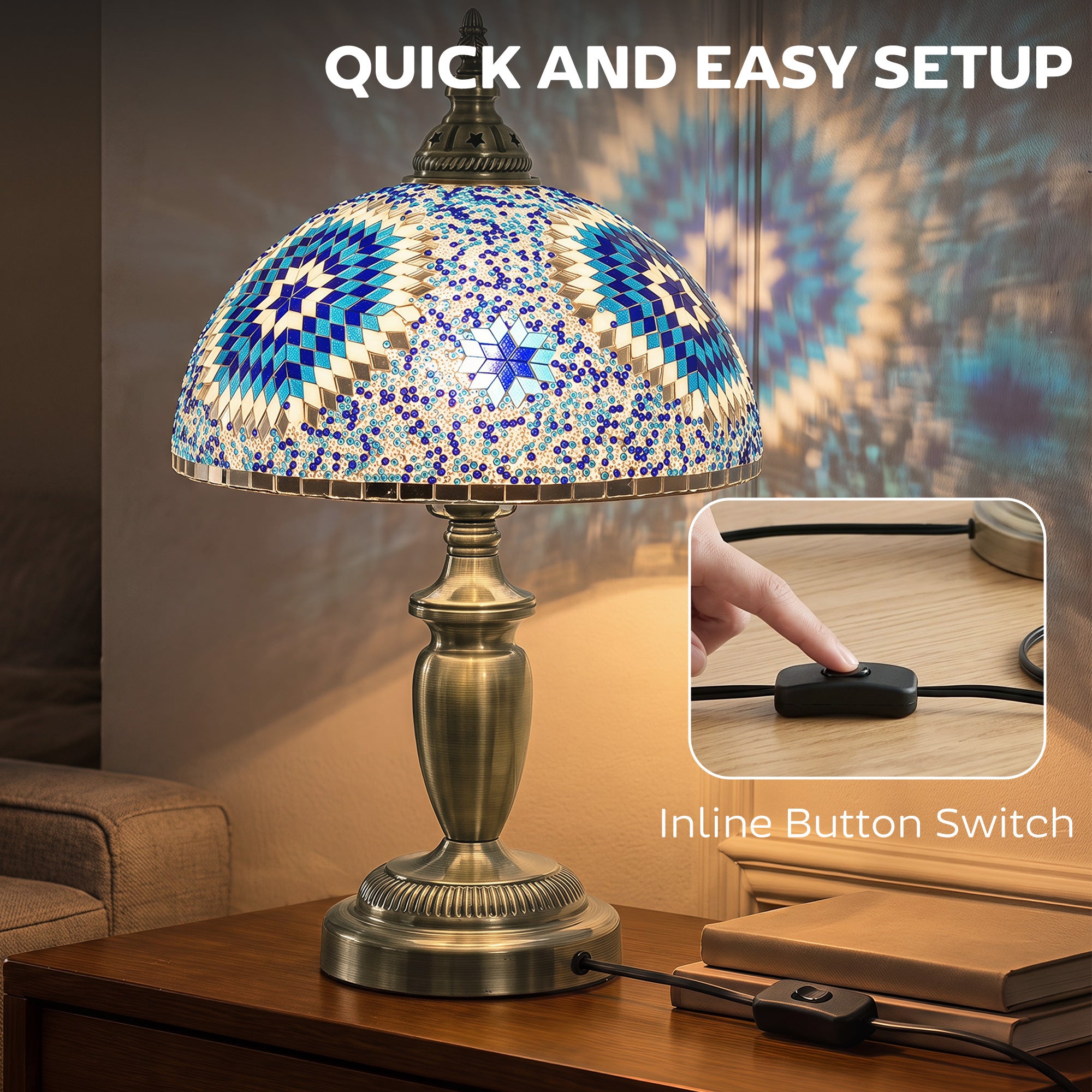 HOMCOM 30cm Tiffany Lamp, Stained Glass Bedside Table Lamp with Button Switch and Metal Base, Blue
