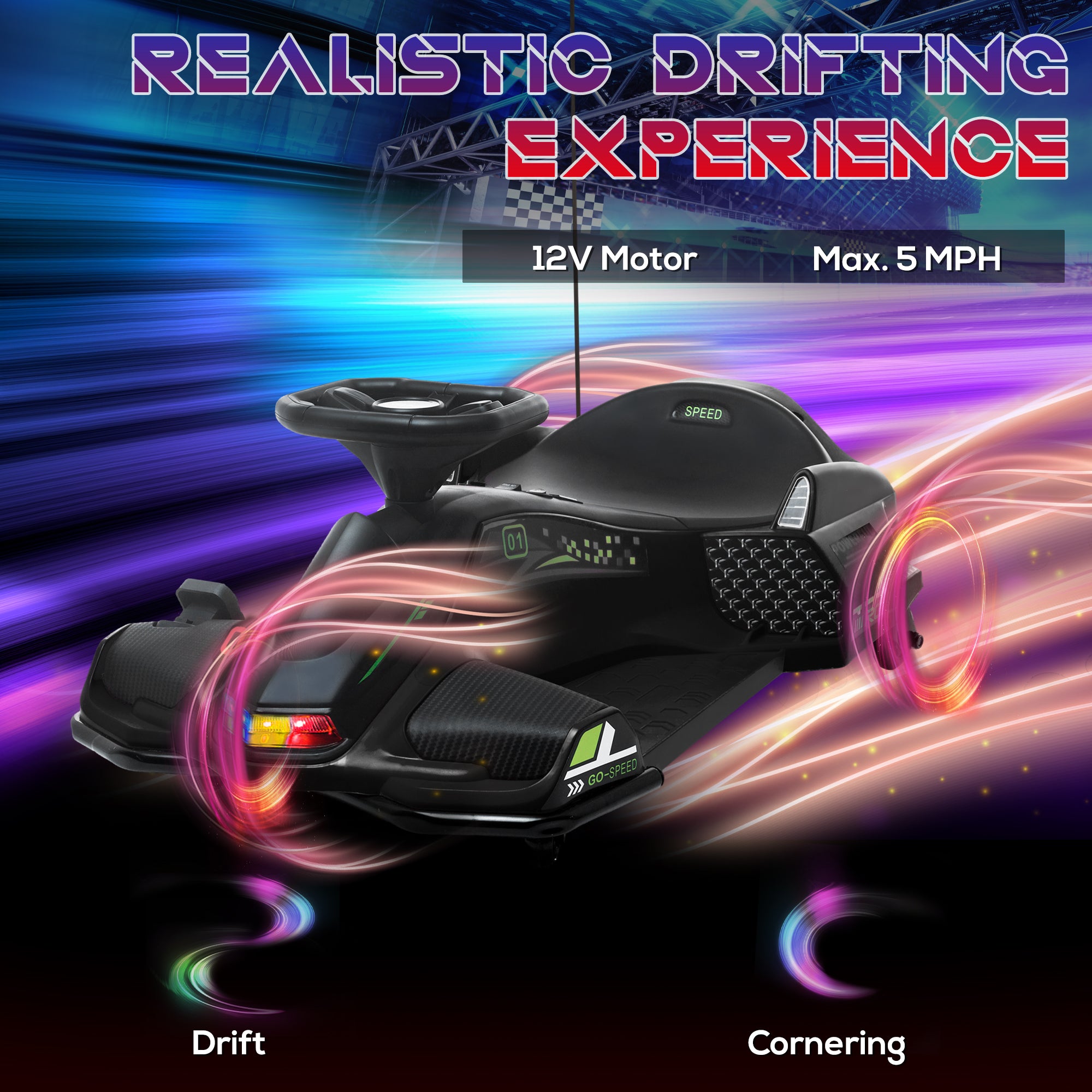 HOMCOM 12V Kids Electric Go Kart with Music, LED Lights, Slow Start, Black - North Peak Garden Furniture