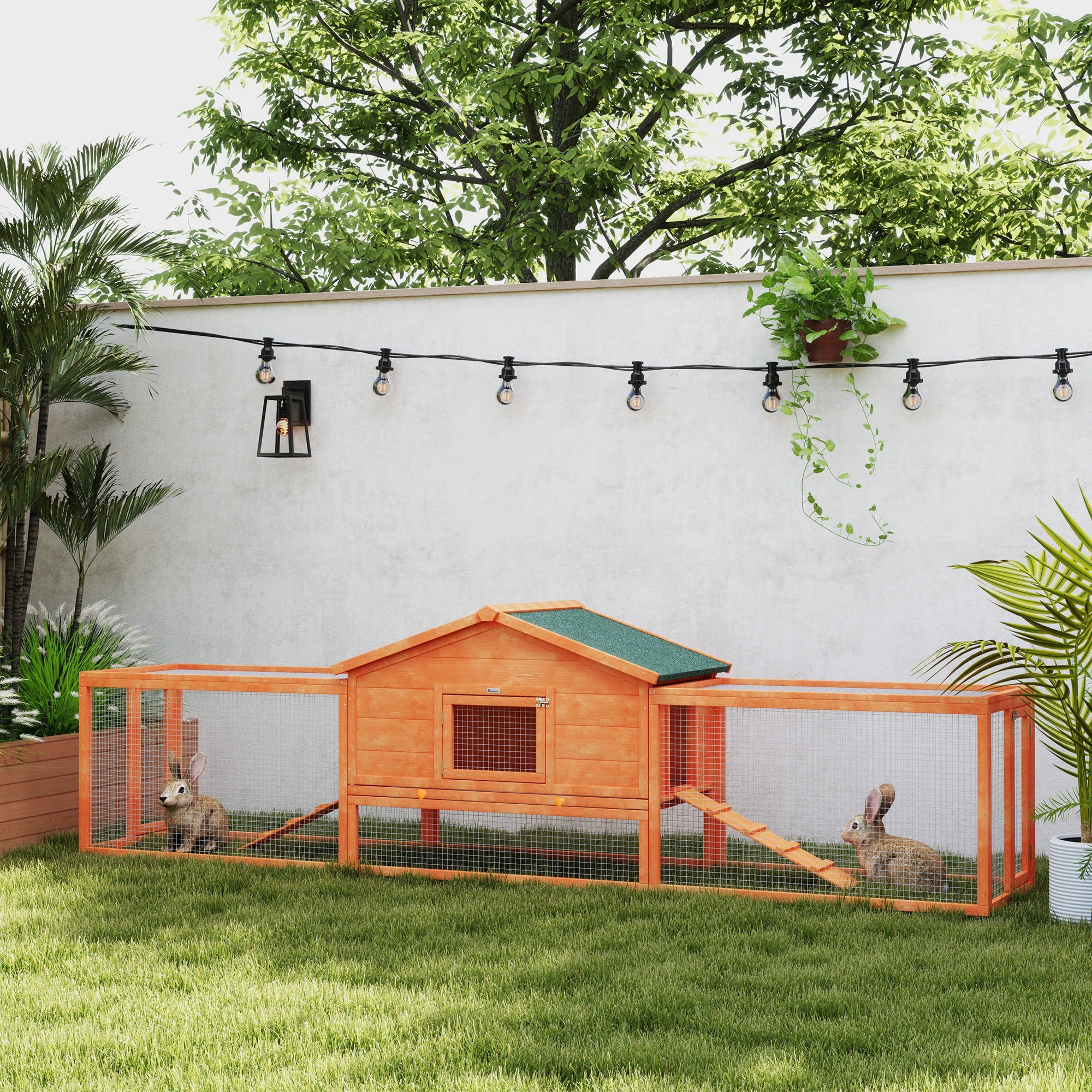 PawHut Wooden Rabbit Hutch with Run, Tray, Ramps, Asphalt Roof, 309 x 70 x 87cm, Orange - North Peak Garden Furniture