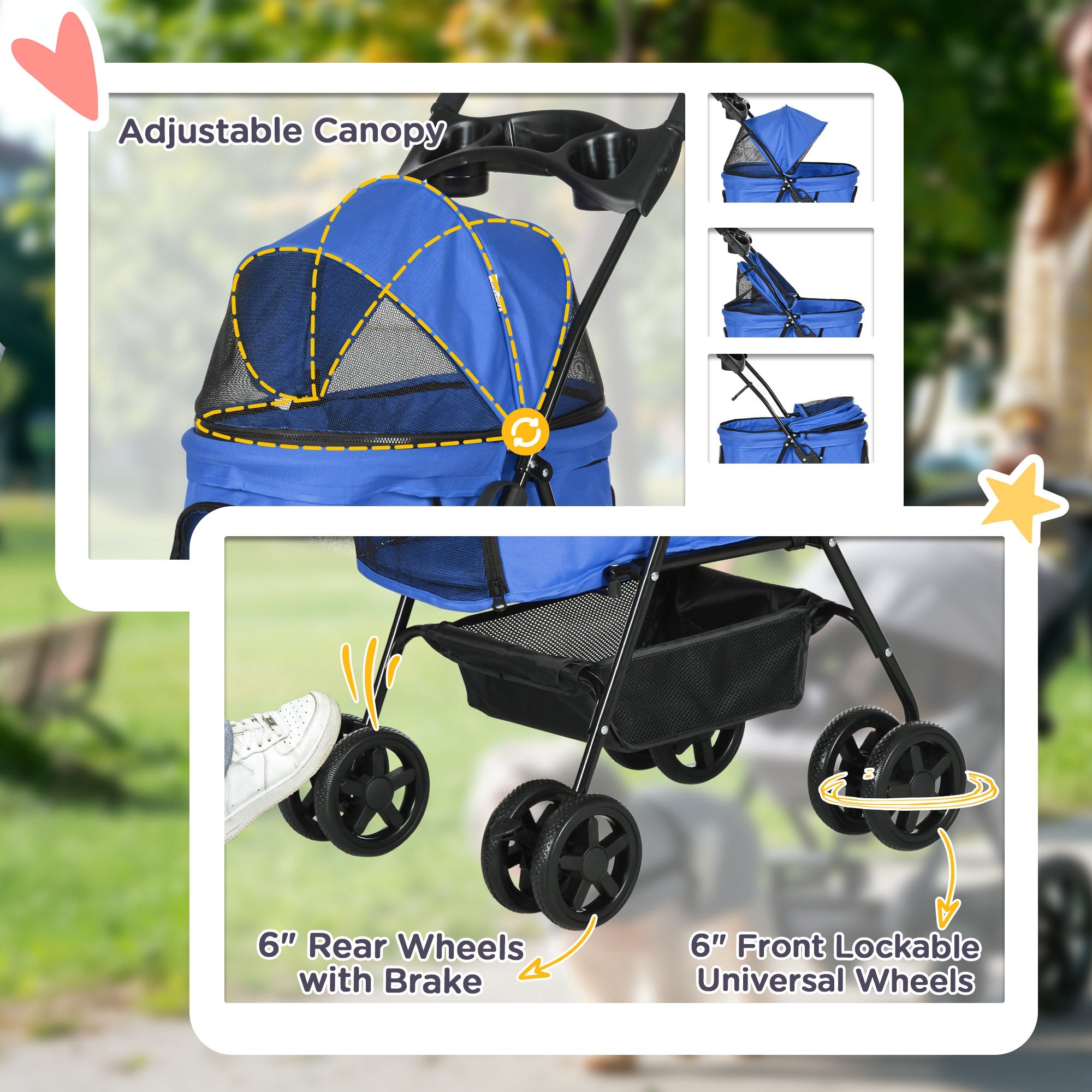 PawHut Dog Pram Dog Stroller Foldable Pet Pushchair with 4 Wheels, Safety Leashes, Cup Holder for Small Dogs, Blue - North Peak Garden Furniture
