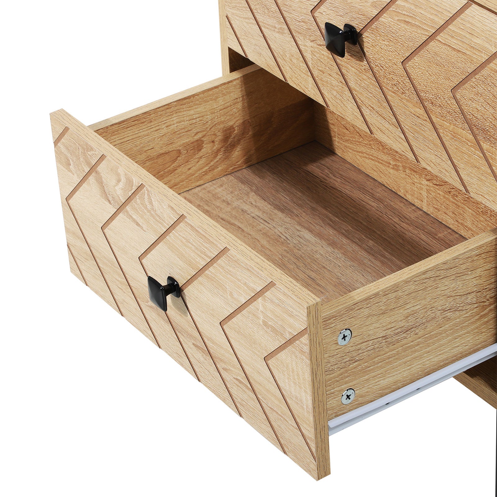 HOMCOM Bedside Table Nightstand Two-Drawer Bedroom Storage Unit Zig Zag Design with Black Metal Handles, Set of 2, Natural - North Peak Garden Furniture