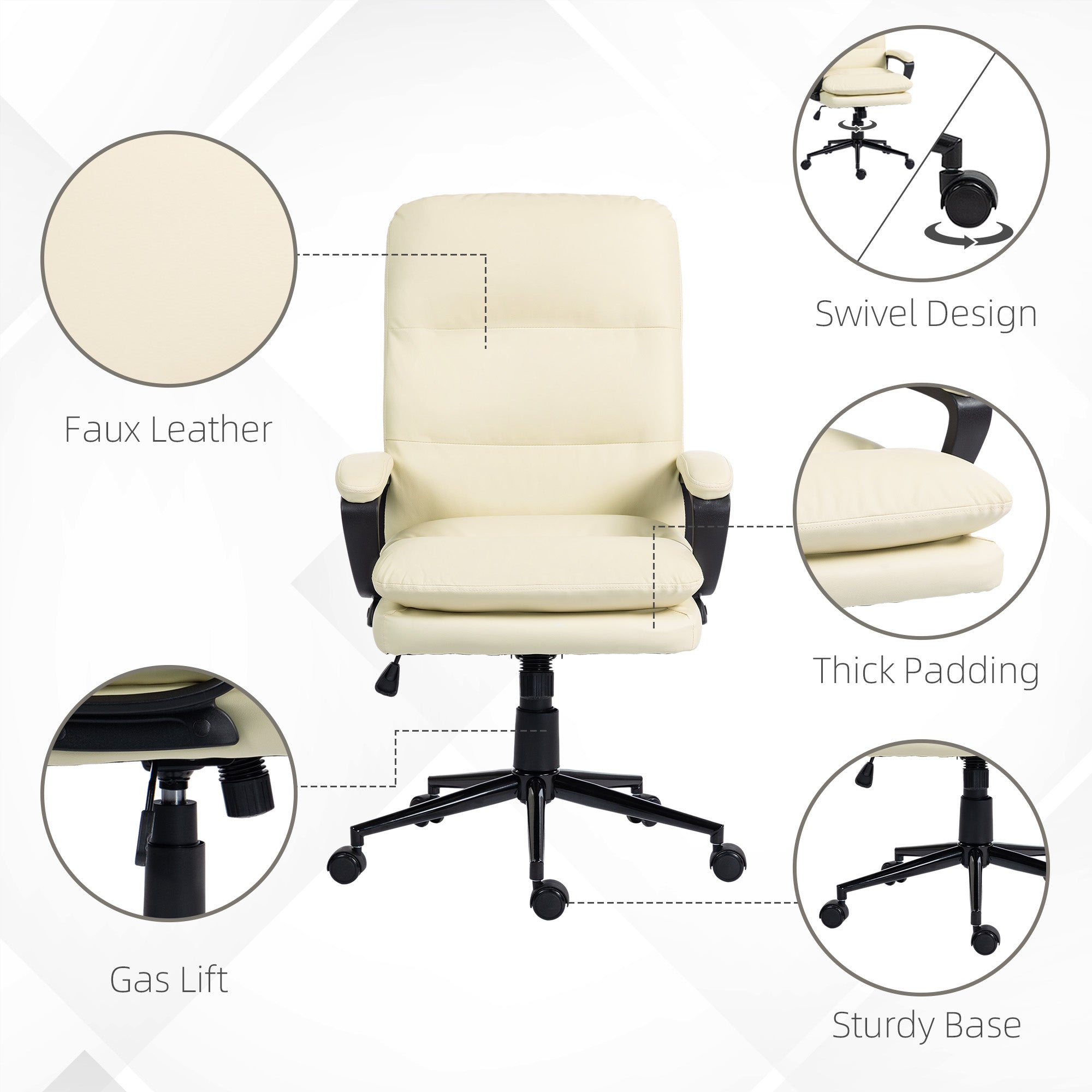 Vinsetto Office Chair, PU Leather Computer Desk Chair Office Chair with Adjustable Height and Swivel Rolling Wheels for Work Study, Cream White - North Peak Garden Furniture