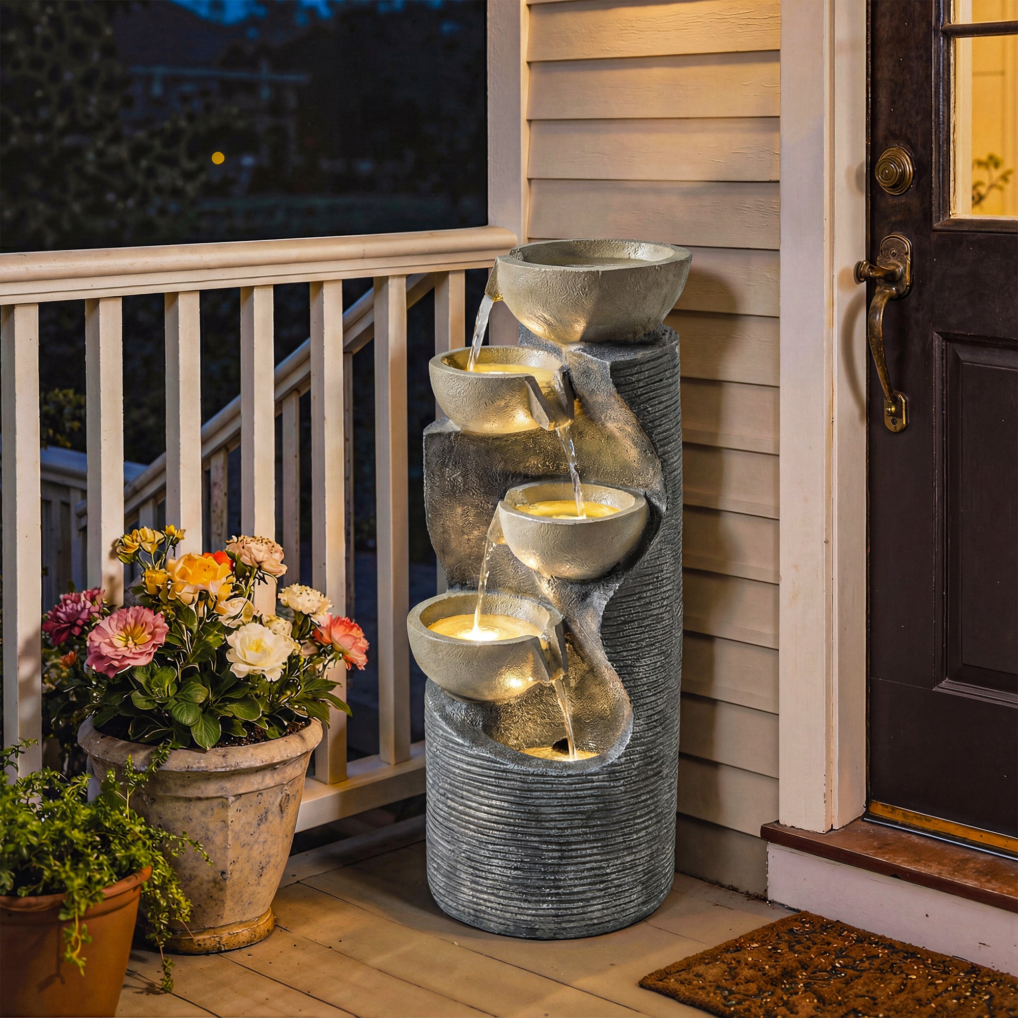 Outsunny Garden Water Feature, Outdoor Water Fountain with LED Lights and Pump, 5 Tier Cascading Waterfall Fountain for Indoor