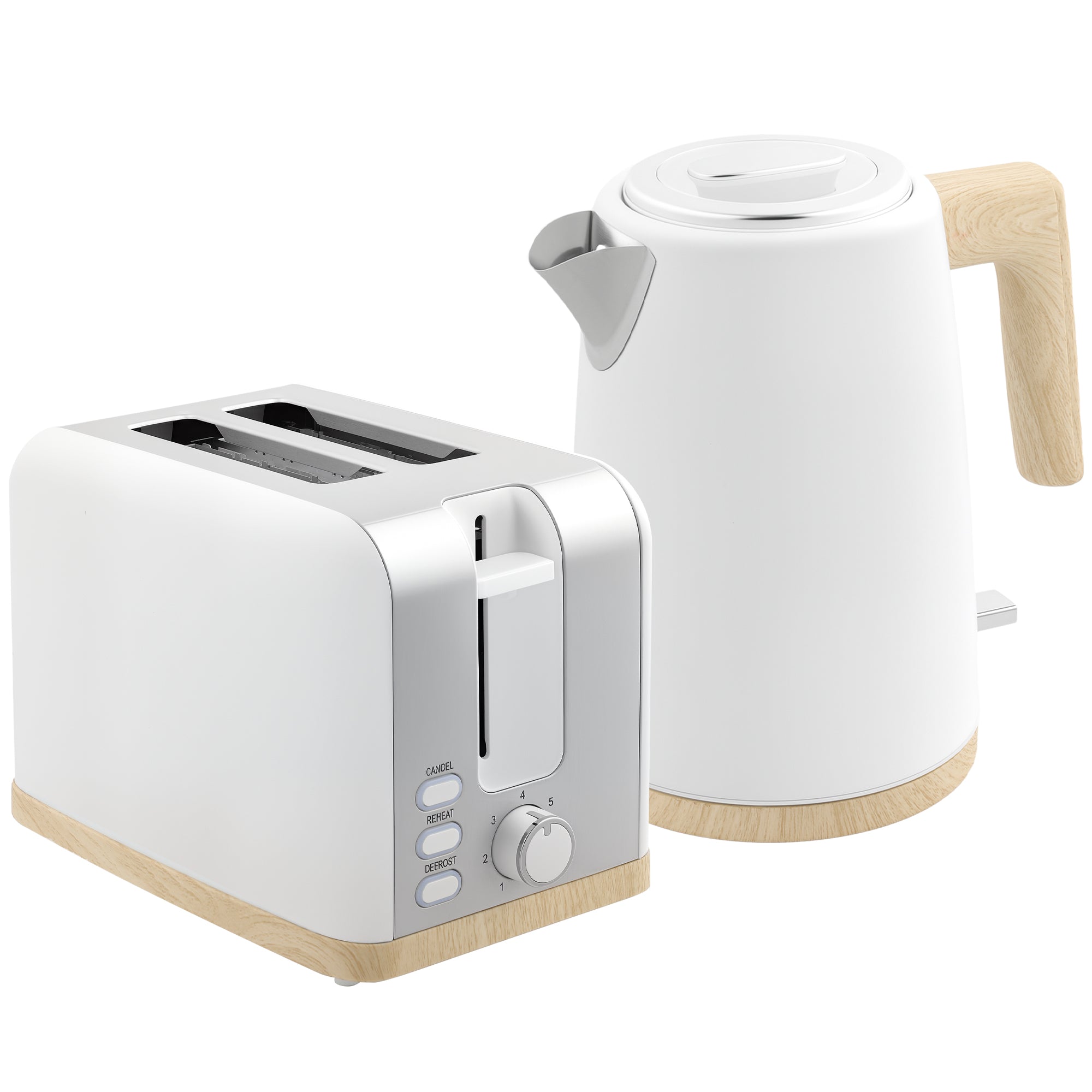HOMCOM Kettle and Toaster Set, 1.7L 3000W Fast Boil Kettle & 2 Slice Toaster Kitchen Set with 7 Level Browning Controls, Defrost, Reheat, Auto Off, Boil-dry Protection, White - North Peak Garden Furniture
