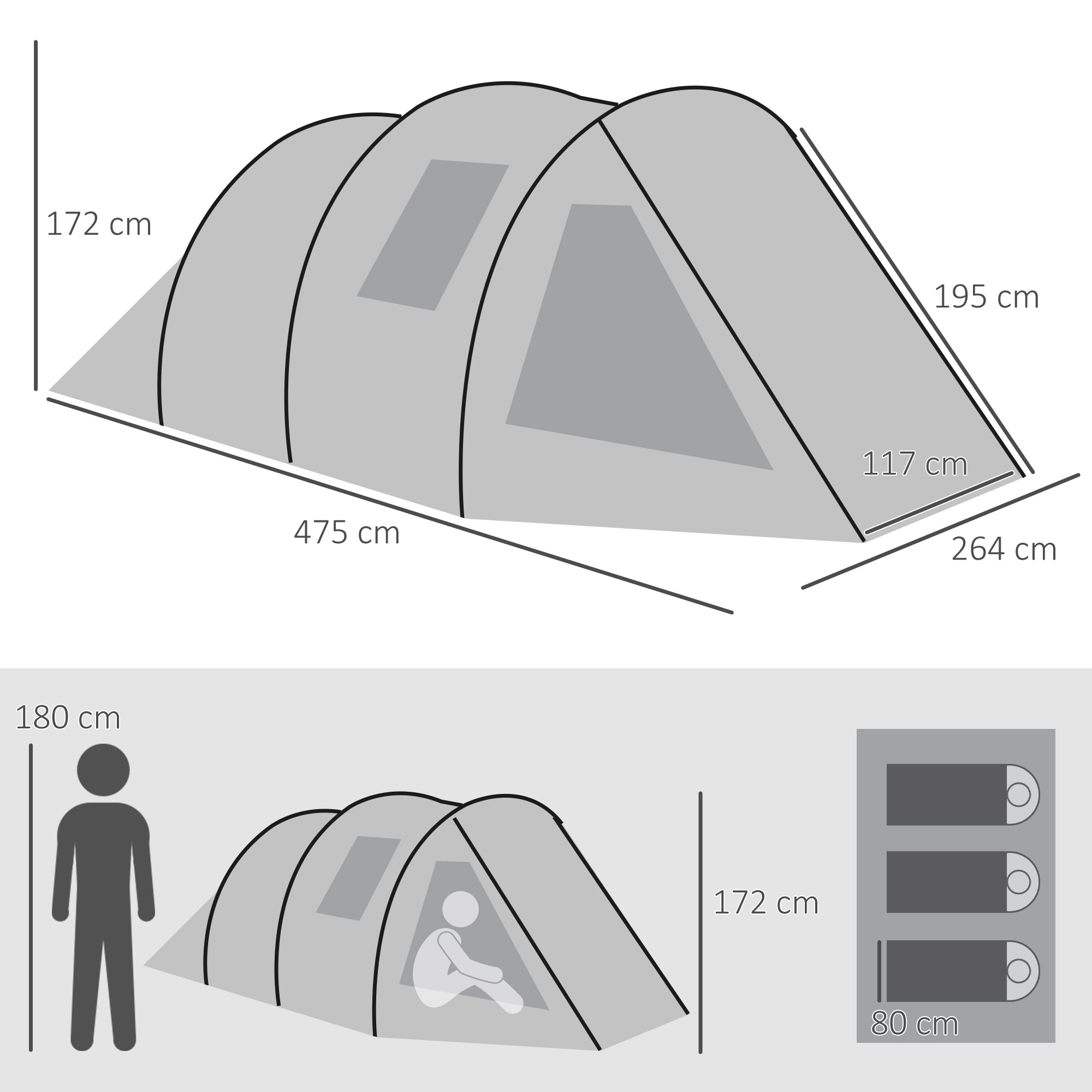 Outsunny Two Room Tunnel Tent Camping Tent for 3-4 Man with Windows, Covers, Carry Bag, for Fishing, Hiking, Sports, Green - North Peak Garden Furniture