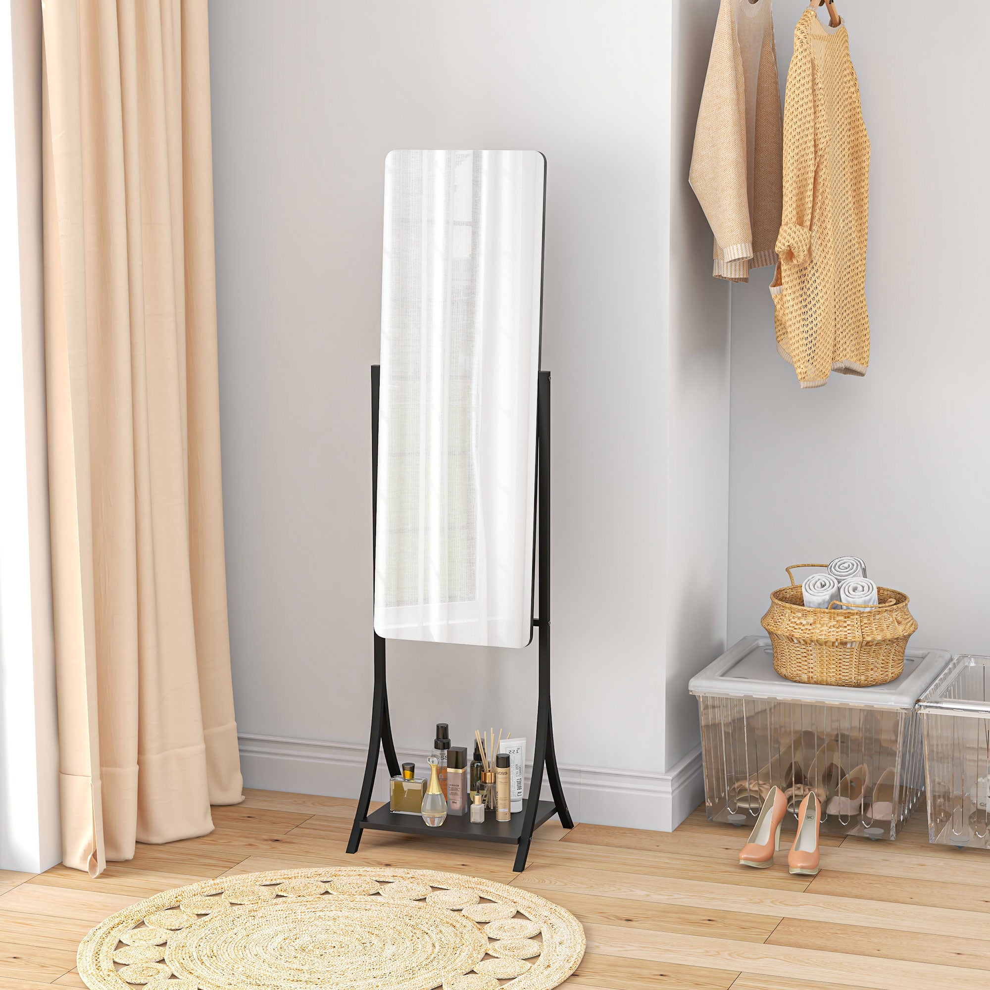 HOMCOM Free Standing Dressing Mirror, Full Length Mirror with Adjustable Angle, Storage Shelf for Living Room, Bedroom, Hallway - North Peak Garden Furniture