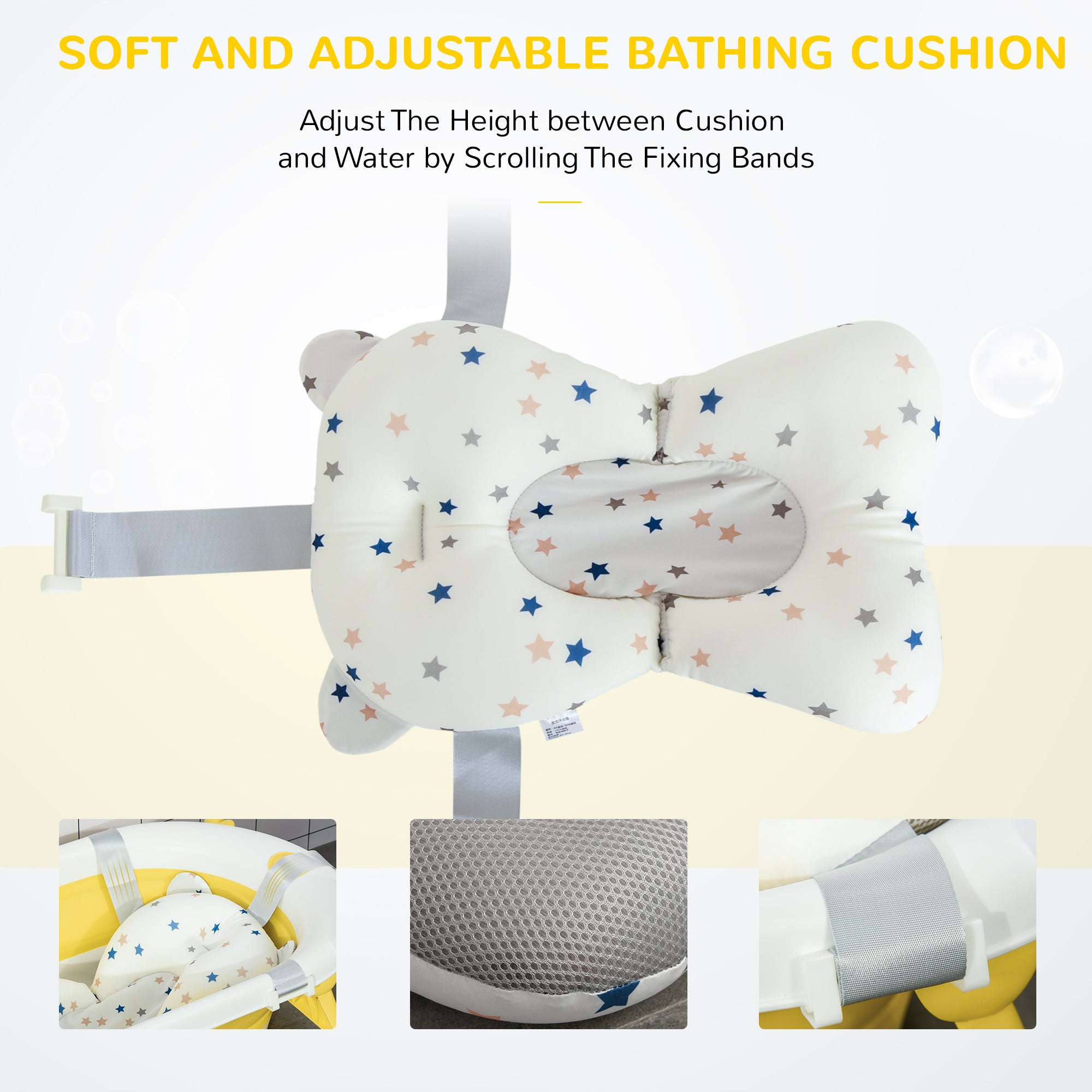 HOMCOM Foldable Baby Bathtub Set, Collapsible Bath Tub with Thermostatic Water Plug, Non-Slip Support, Cushion Pad, Drain Plugs, for Newborn to 3 Years - Yellow - North Peak Garden Furniture
