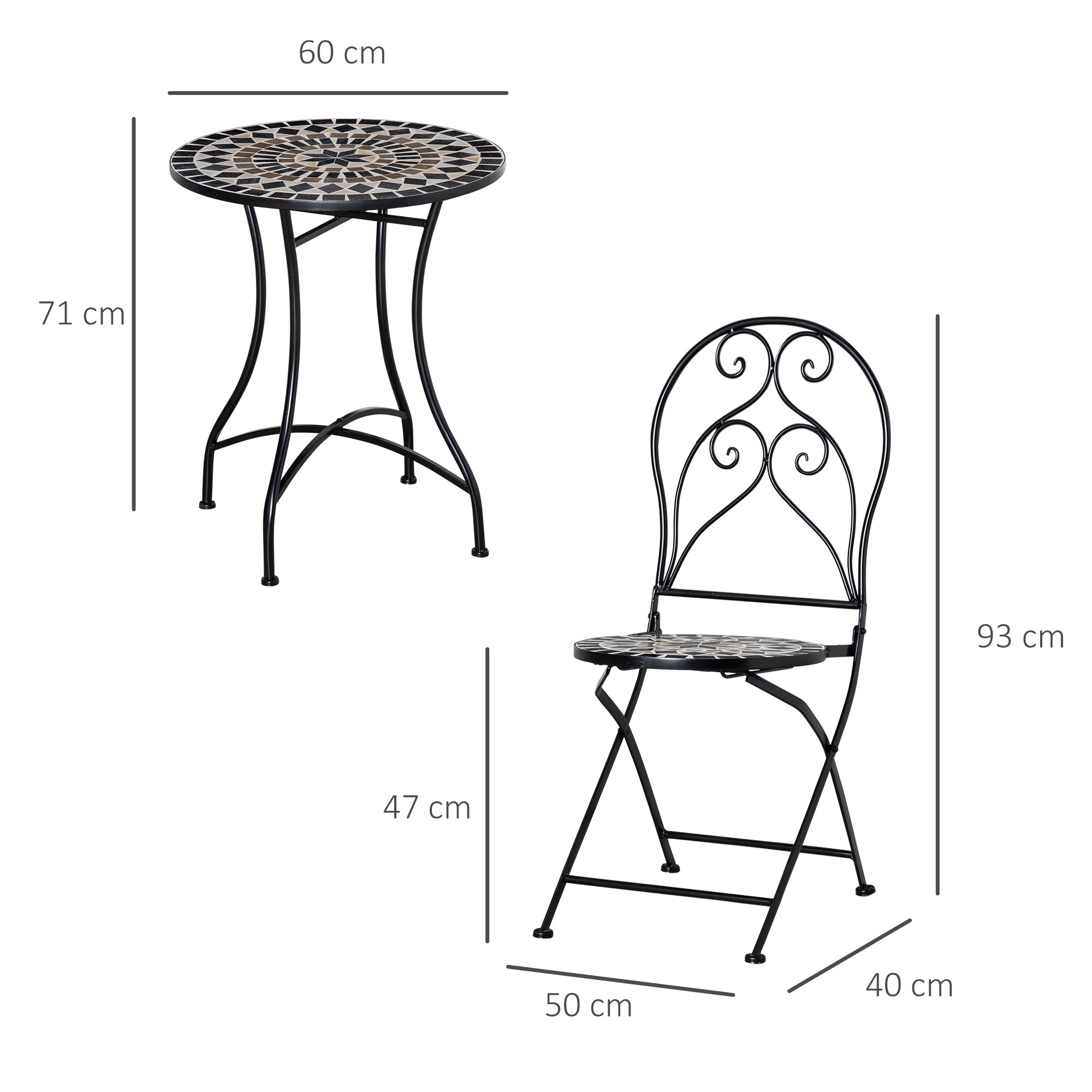 Outsunny 3 Piece Garden Bistro Set with Coffee Table and 2 Folding Chairs, Mosaic Tile Top and Seats, Metal Frame, for Patio Balcony - North Peak Garden Furniture