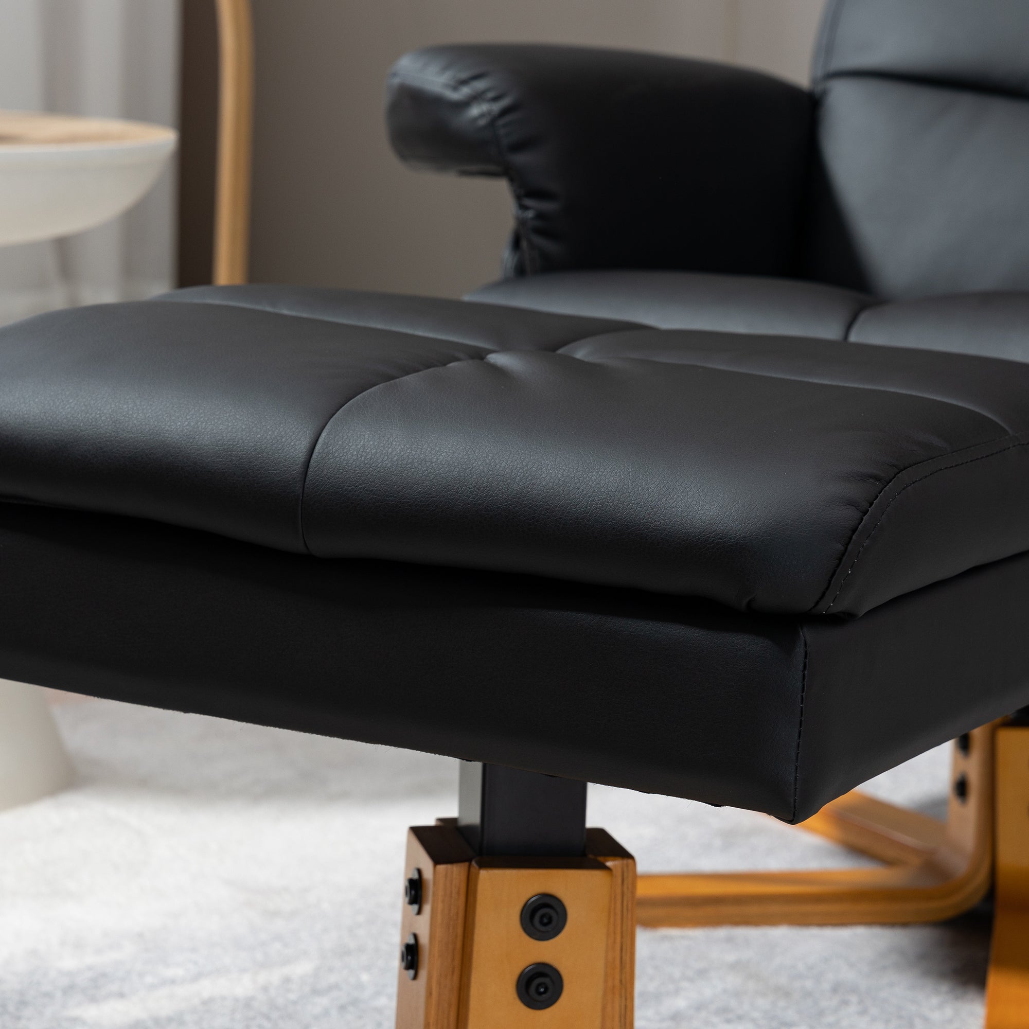 HOMCOM Recliner Armchair, Swivel Reclining Chair With Ottoman, Swivel Faux Leather Chair with Wooden Base and Storage Footstool for Living Room, Black - North Peak Garden Furniture