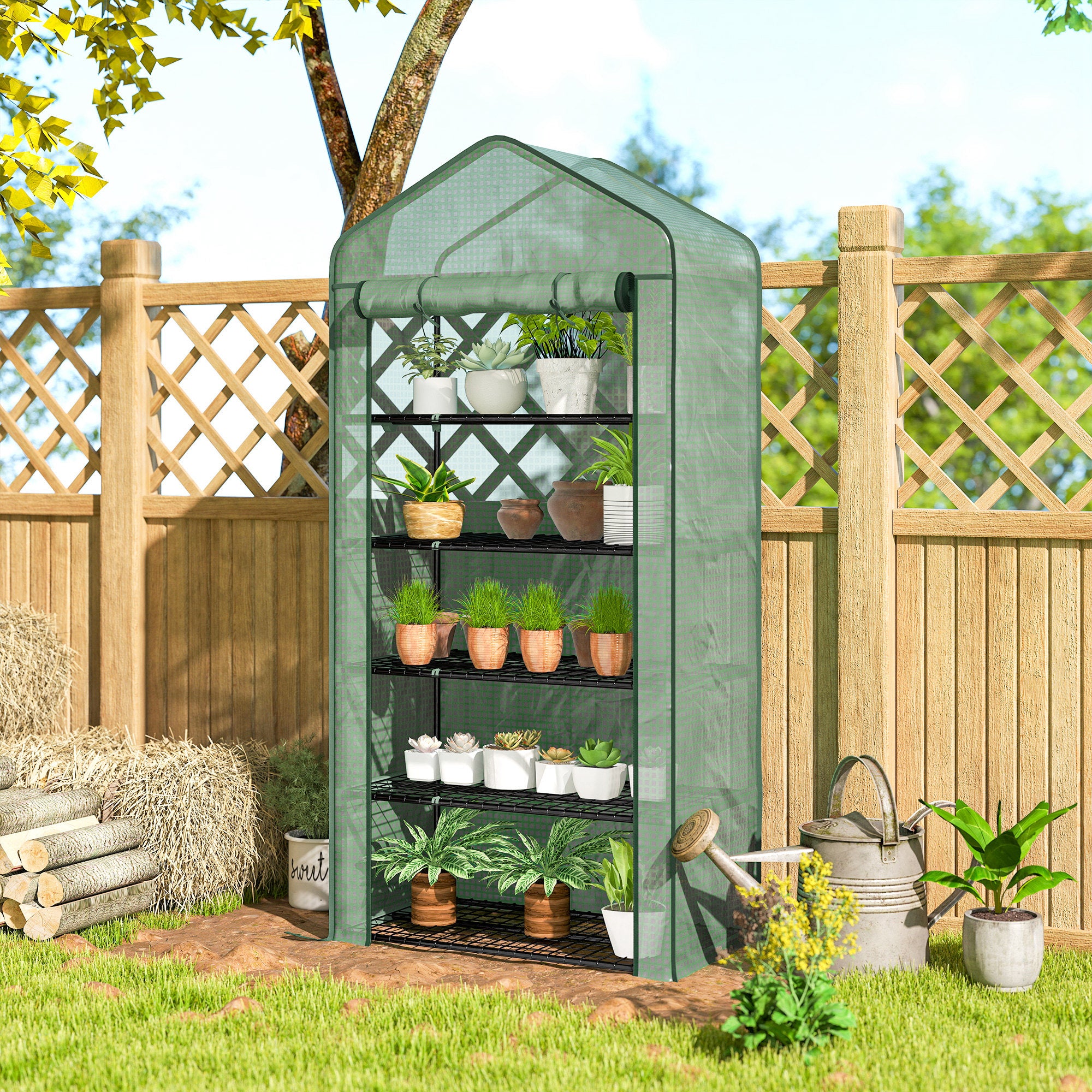 Outsunny 5 Tier Widened Mini Greenhouse with Reinforced PE Cover, Portable Indoor Outdoor Green House with Roll-up Door and Wire Shelves, 193H x 90W x 49Dcm, Green