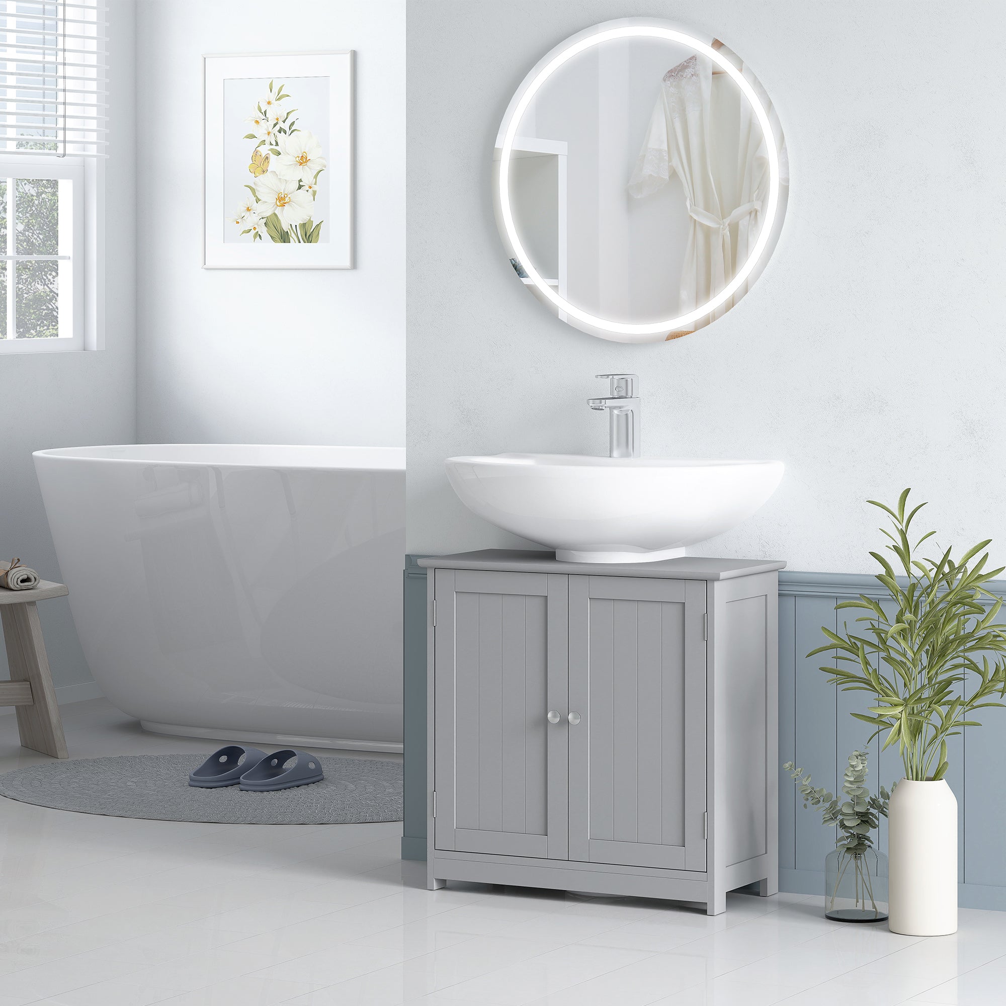 kleankin Under Sink Bathroom Cabinet, Freestanding Under Sink Cabinet with 2 Doors and Adjustable Shelf for Basin without or with Pedestal, Grey