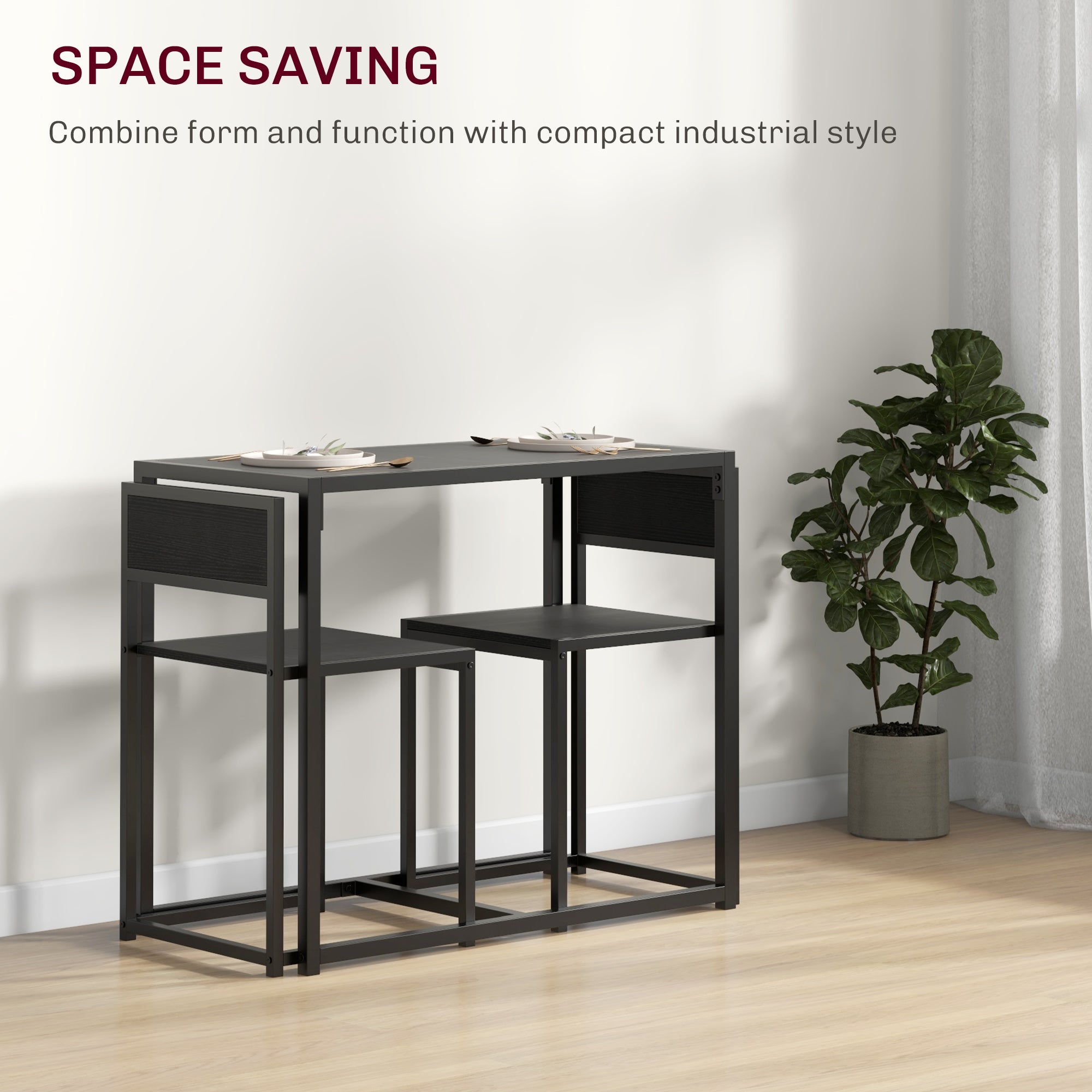 HOMCOM Dining Table and Chairs Set 2, Dining Room Sets, Rectangular Space Saving Table and 2 Chairs for Compact Kitchens, Steel Frame, Black - North Peak Garden Furniture