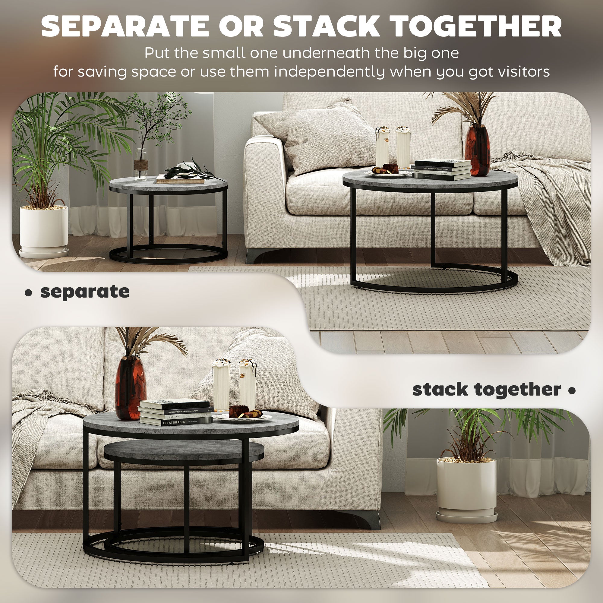 HOMCOM Set of Two Marble-Effect Stacking Tables - Grey/Black - North Peak Garden Furniture