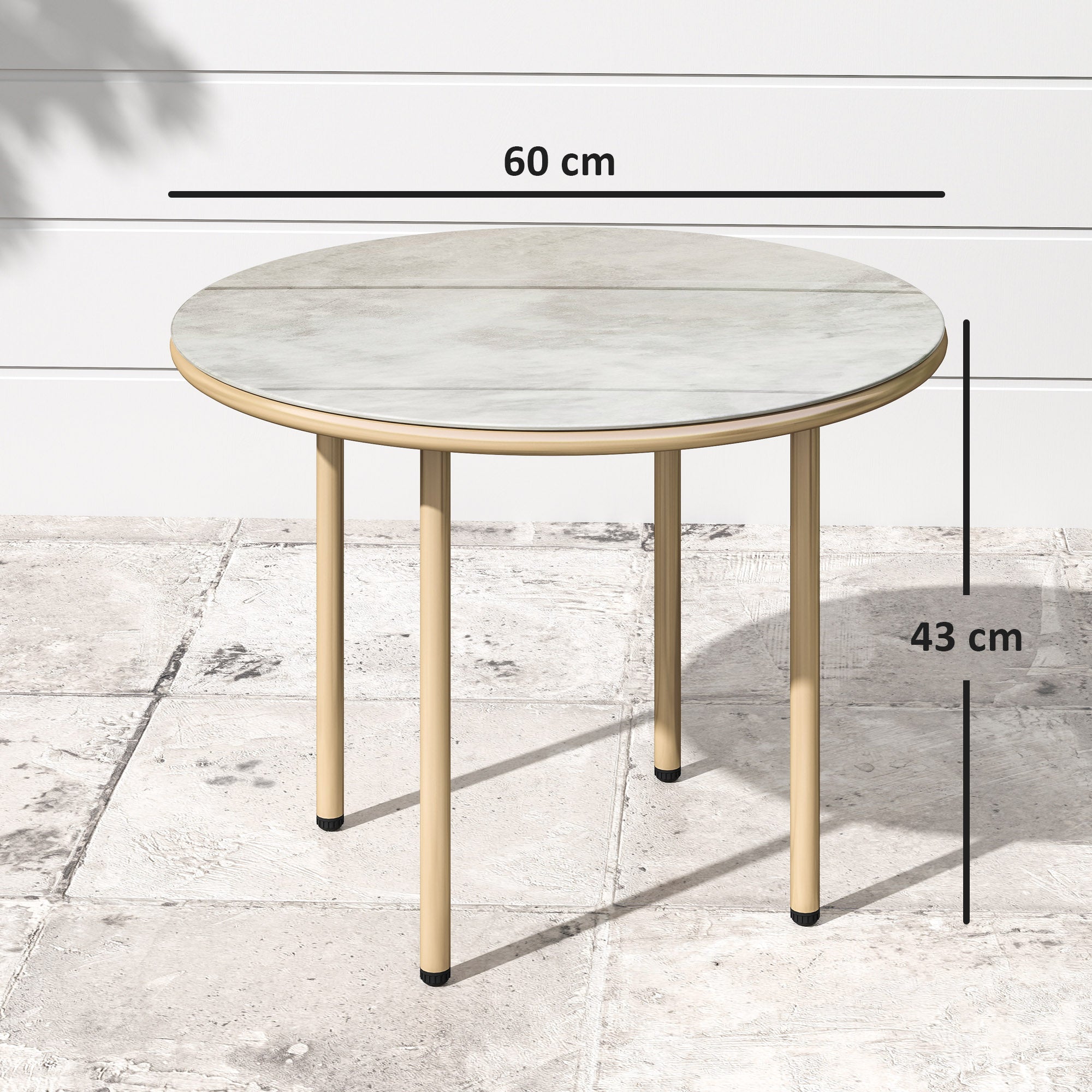 Outsunny Round Small Garden Table, 60cm Outdoor Side Table with Faux Marble Tempered Glass Top, Steel Frame for Garden Patio Balcony, Beige - North Peak Garden Furniture