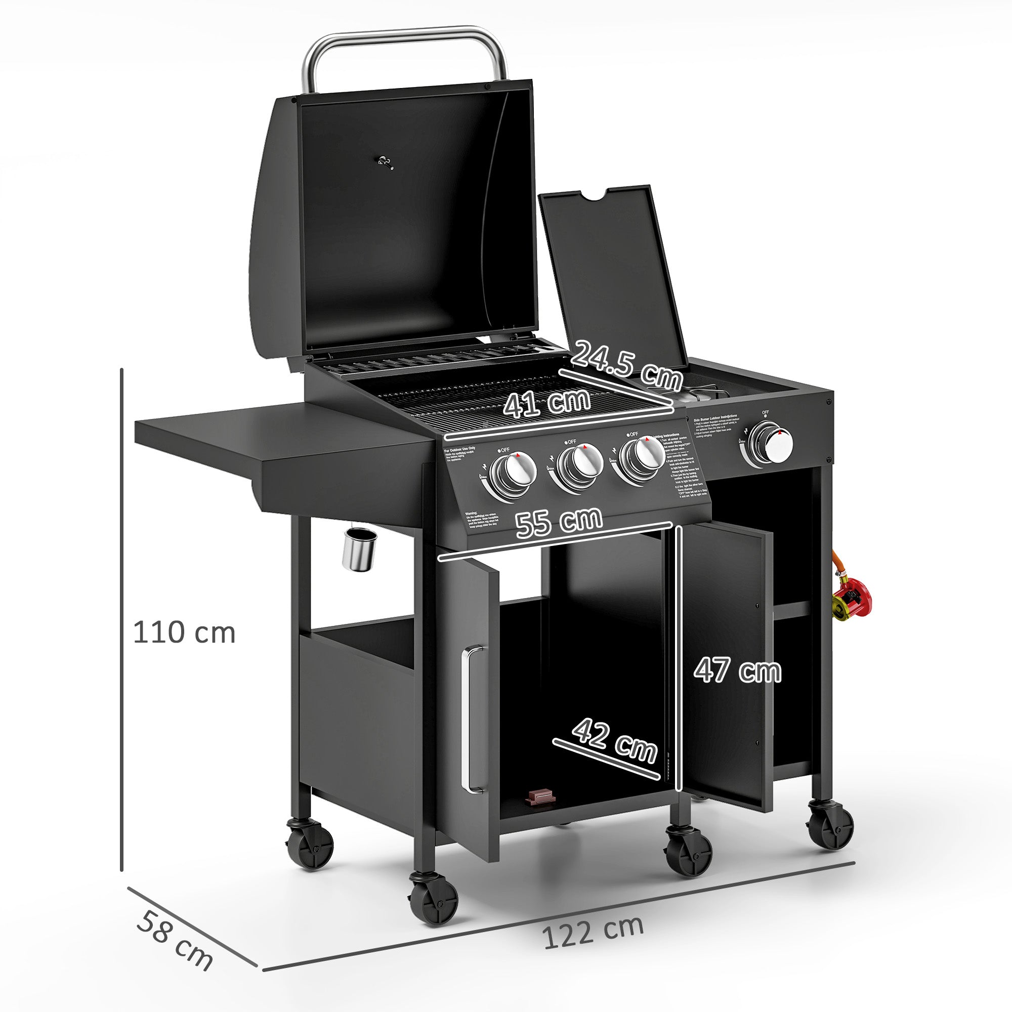 Outsunny 3+1 Burner Gas BBQ Grill with Storage Cabinet and Shelves, 9.5 kW Gas Barbecue Trolley with 6 Castor Wheels, Warming Rack, Thermometer for Outdoor Cooking Garden Party, Black - North Peak Garden Furniture