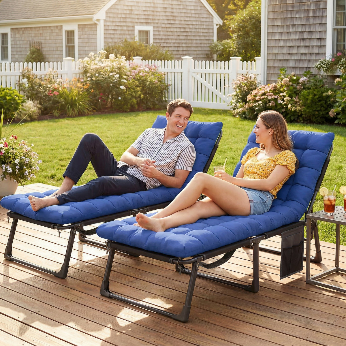 Outsunny Folding Sun Loungers for Garden Set of 2, 5-Position Oversized Camping Bed Recliner with Cushions, Blue
