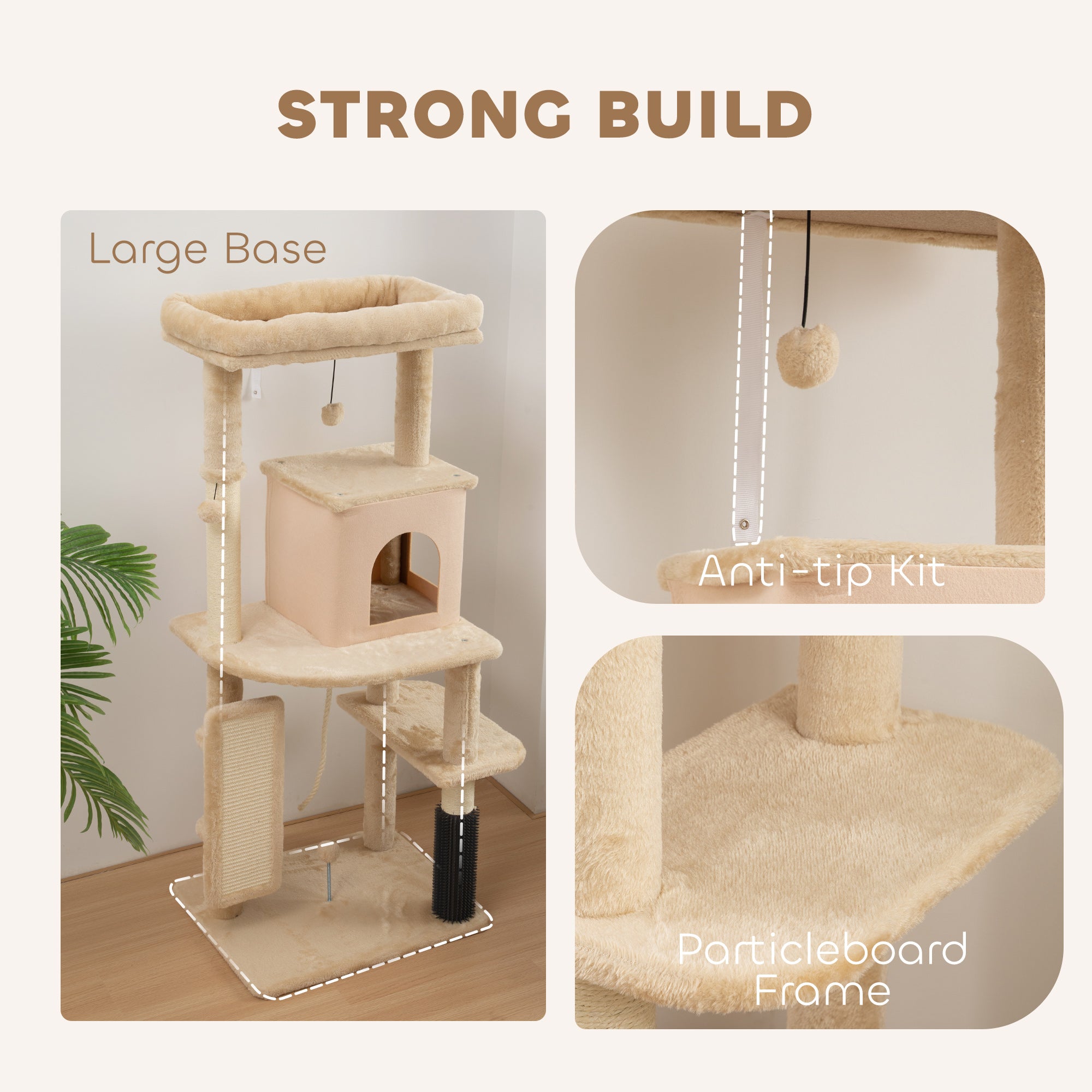 PawHut 132cm Cat Tree w/ Scratching Posts, Pad, Cat Bed, Cat House, Jumping Platform, Grooming Brush, Anti-Tip Kit, Beige