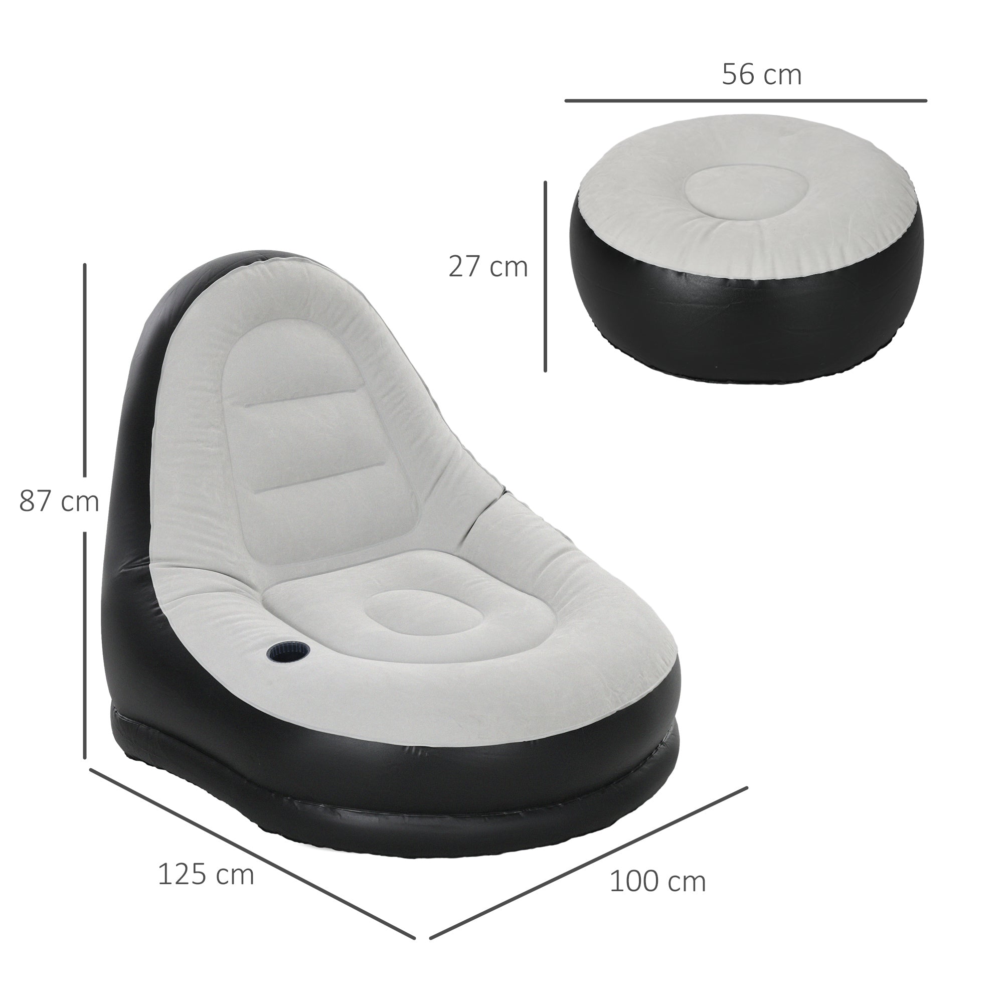 Outsunny Inflatable Sofa Chair and Foot Stool Set with Cup Holder, for Gaming, Reading and Movie Watching, Grey - North Peak Garden Furniture