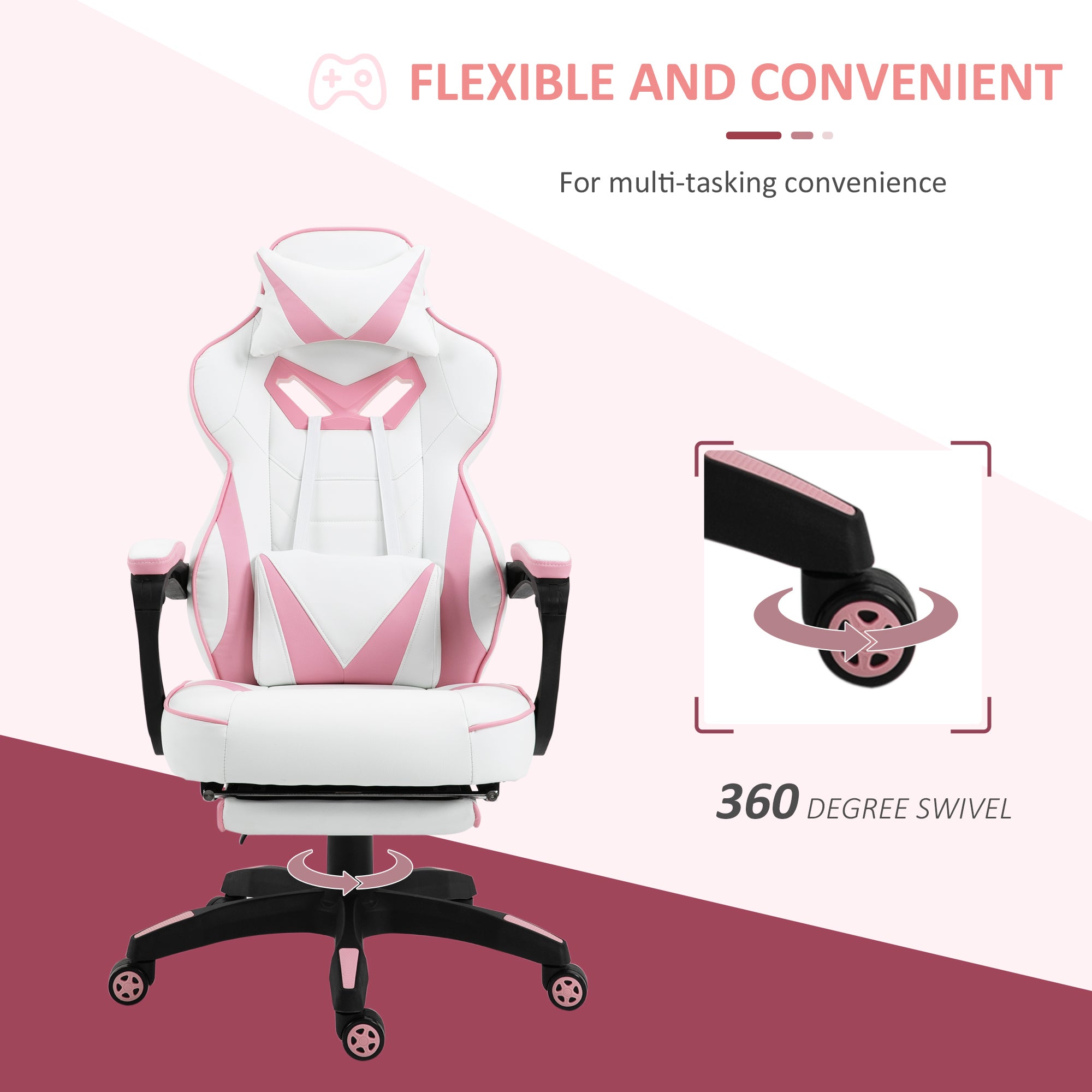 Vinsetto Computer Gaming Chair, Racing Desk Chair with Lumbar Support and Footrest, PU Leather Gamer Chair with Headrest and Swivel Wheels for Home, Pink - North Peak Garden Furniture