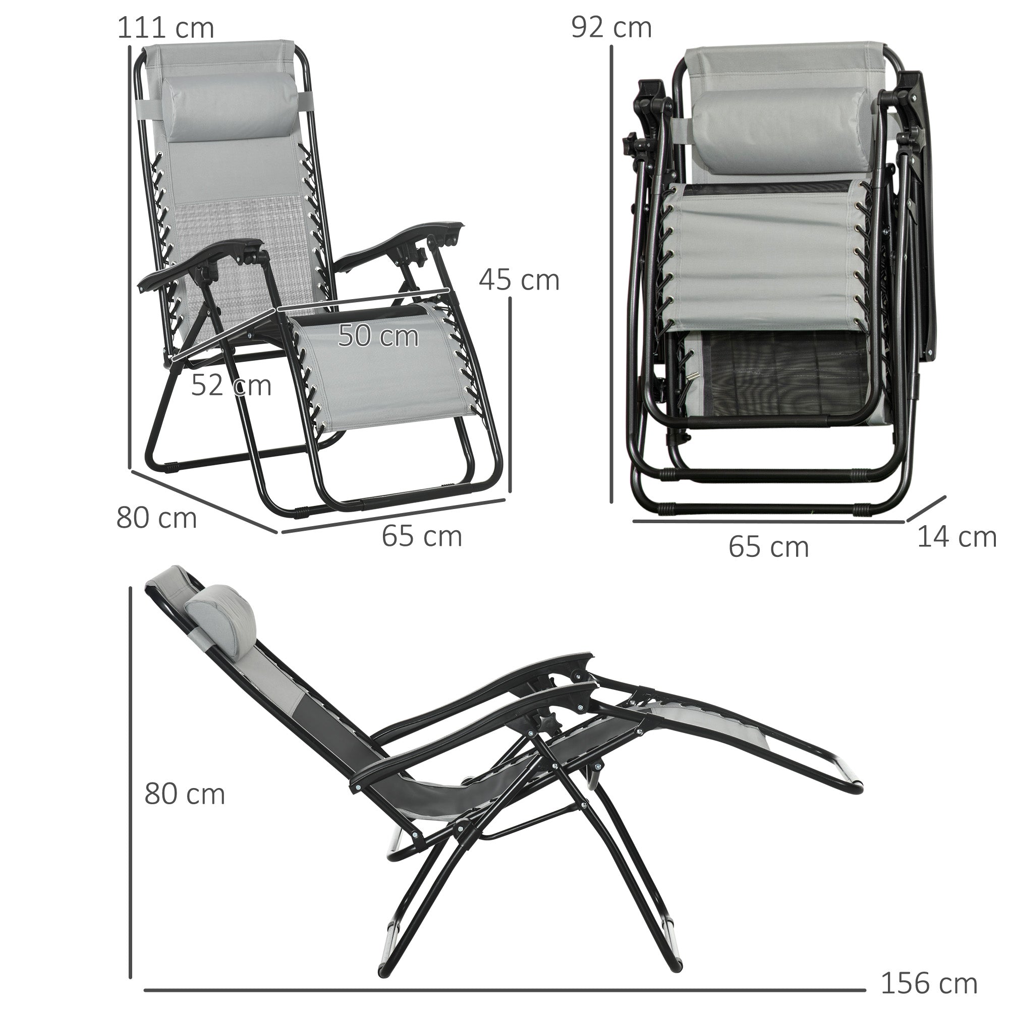 Outsunny Garden Recliner Chairs Set of 2, Outdoor Foldable Zero Gravity Chairs Set w/ Footstool and Detachable Headrest, Grey - North Peak Garden Furniture