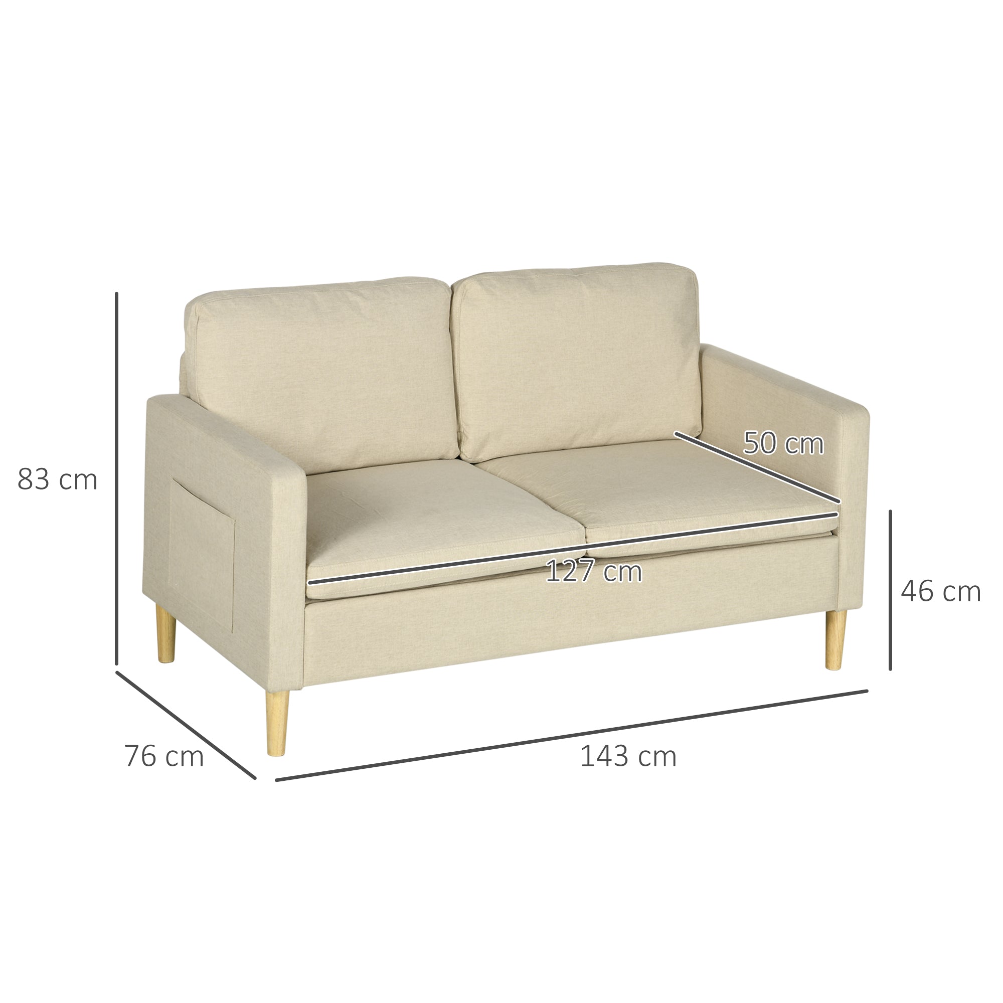 HOMCOM Two Seater Sofa for Living Room, Modern Fabric Couch with Wood Legs and 2 Pockets for Bedroom and Home Office, Beige