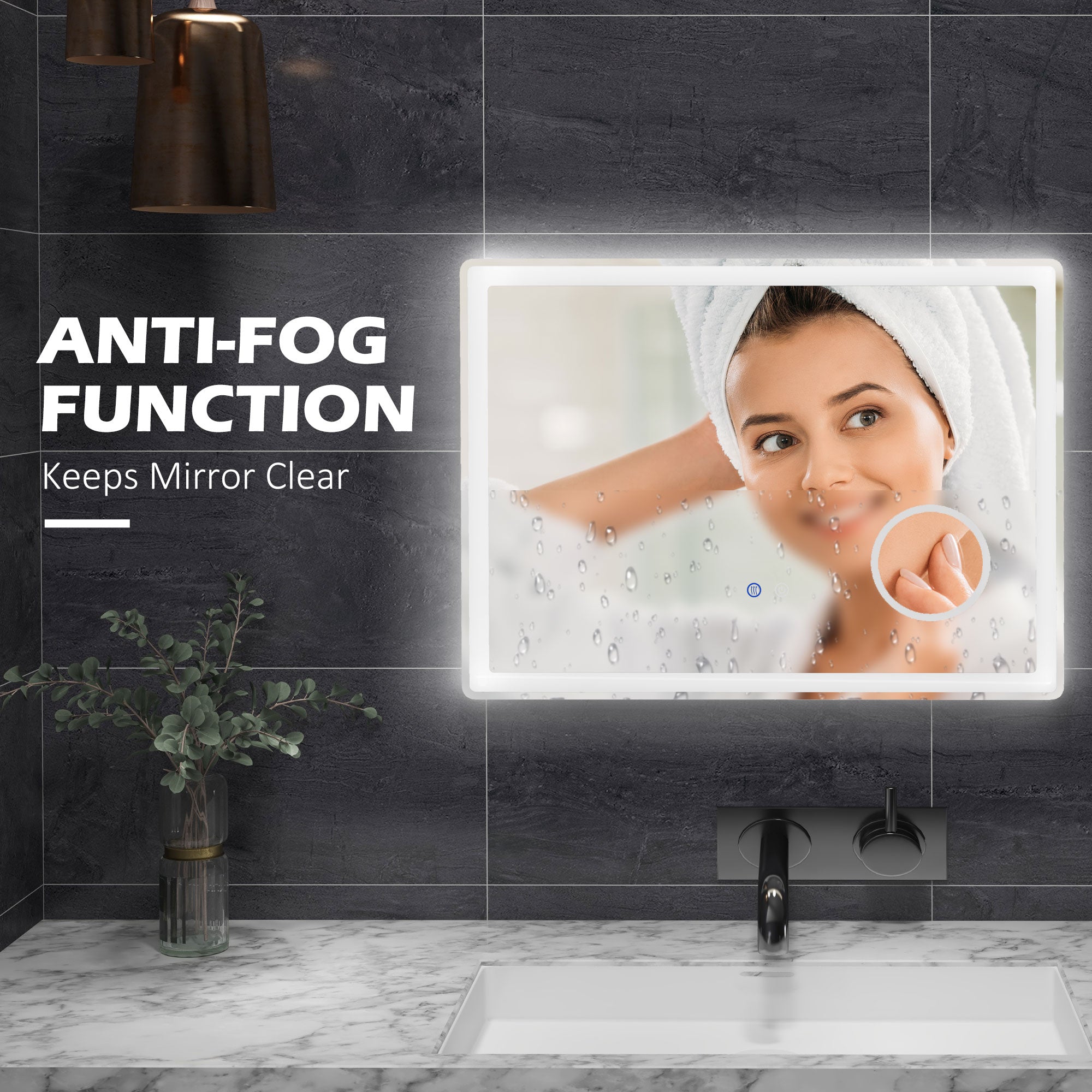 kleankin LED Bathroom Mirror with Lights, 3X Magnifying Mirror, Dimming Lighted Bathroom Mirror, Vanity Mirror with 3 Colour Front and Backlit, Smart Touch, Anti-Fog, Horizontal and Vertical, 80x60cm - North Peak Garden Furniture