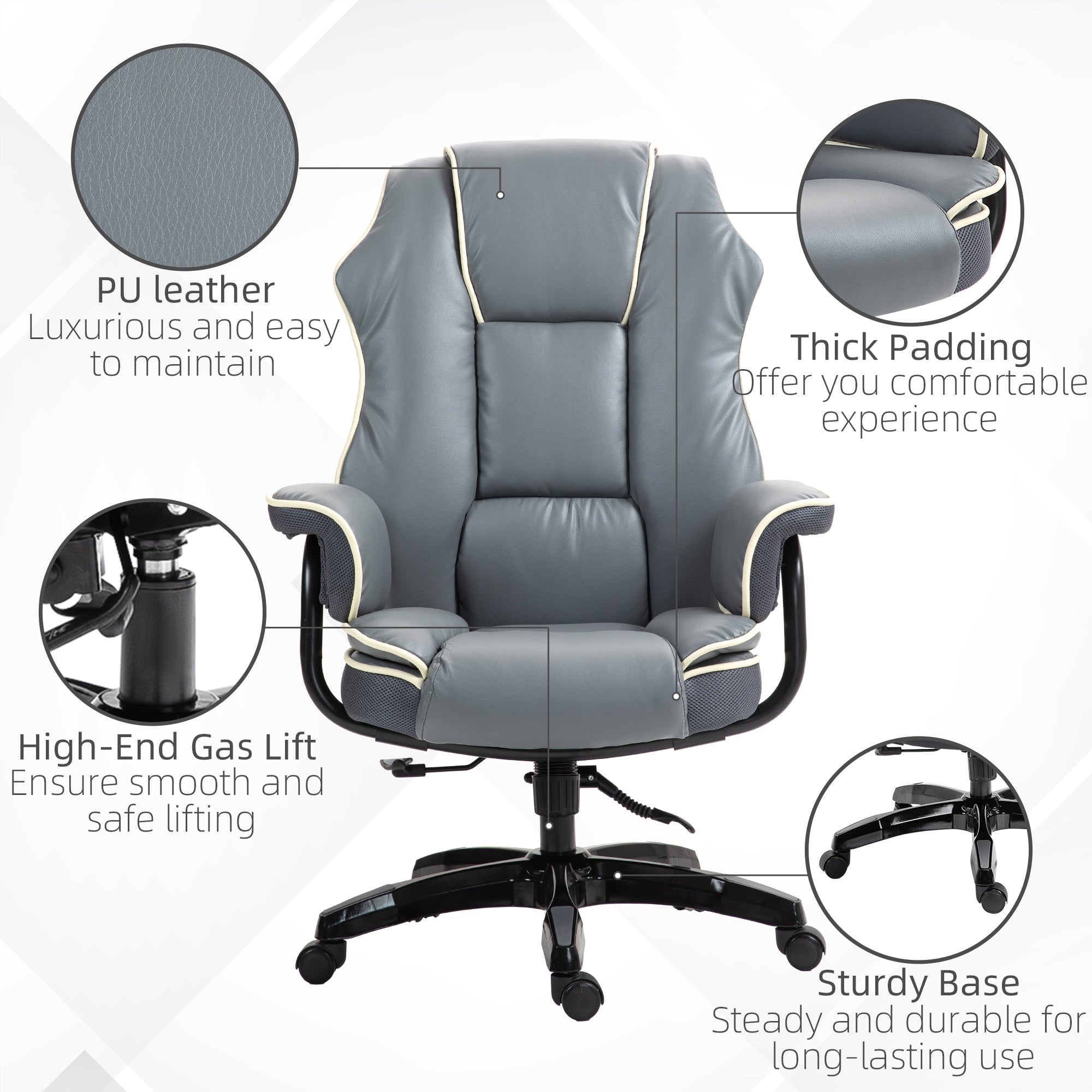 Vinsetto High Back Office Chair, PU Leather Desk Chair, Reclining Swivel Computer Chair for Home, Grey - North Peak Garden Furniture